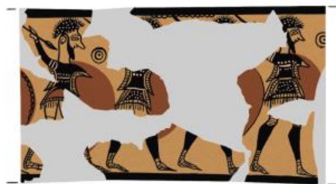 The reverse side of the Mycenaean warrior vase shows advancing warriors with lifted spears, feath« crowns and round shields (after Furtwangler and Loeschke, Mykenische Vasen). 