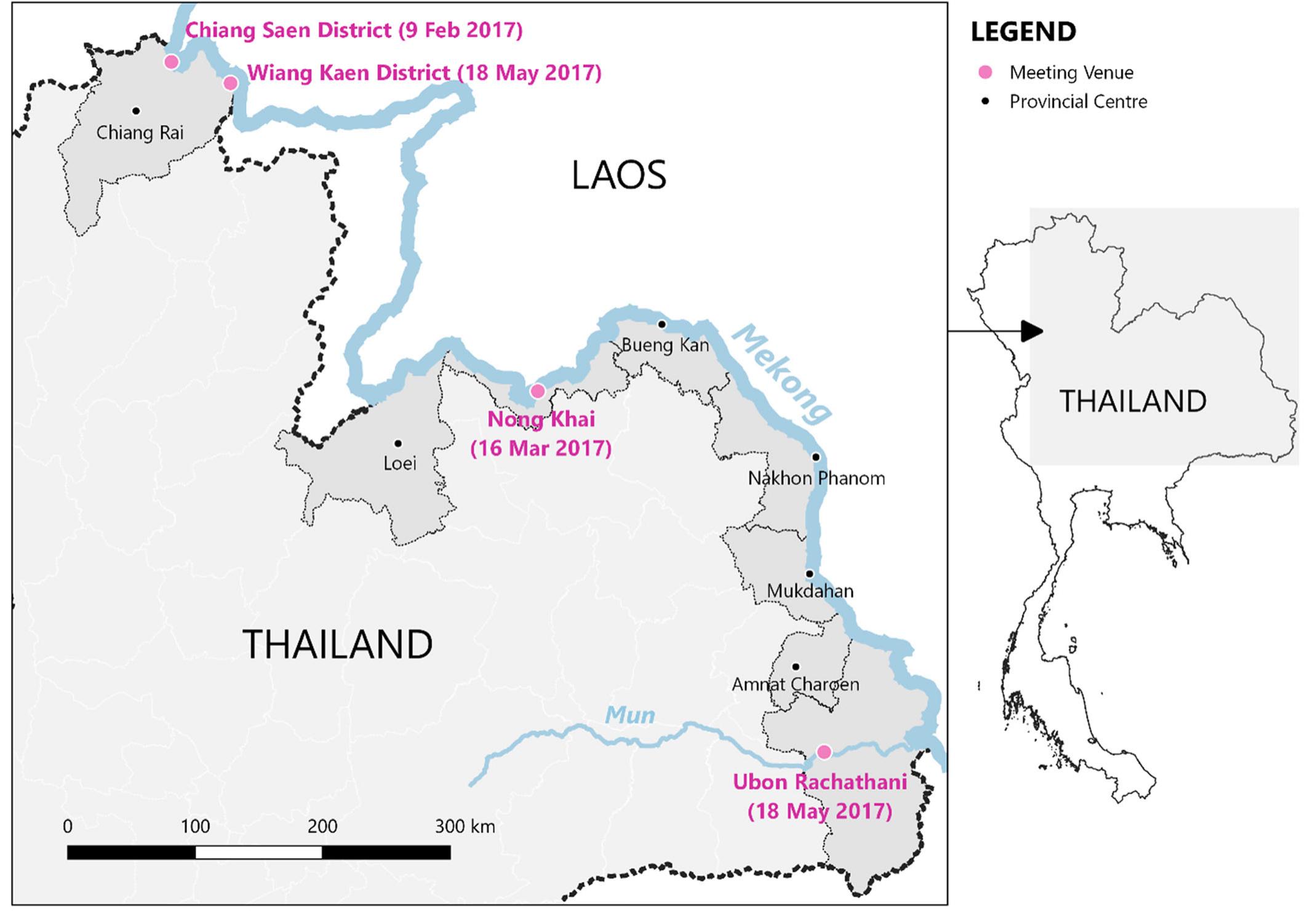 FIGURE 1_== Map of the eight Mekong provinces in Thailand, and the meeting venues for the Pak Beng PNPCA [Color figure can be viewed at wileyonlinelibrary.com] 