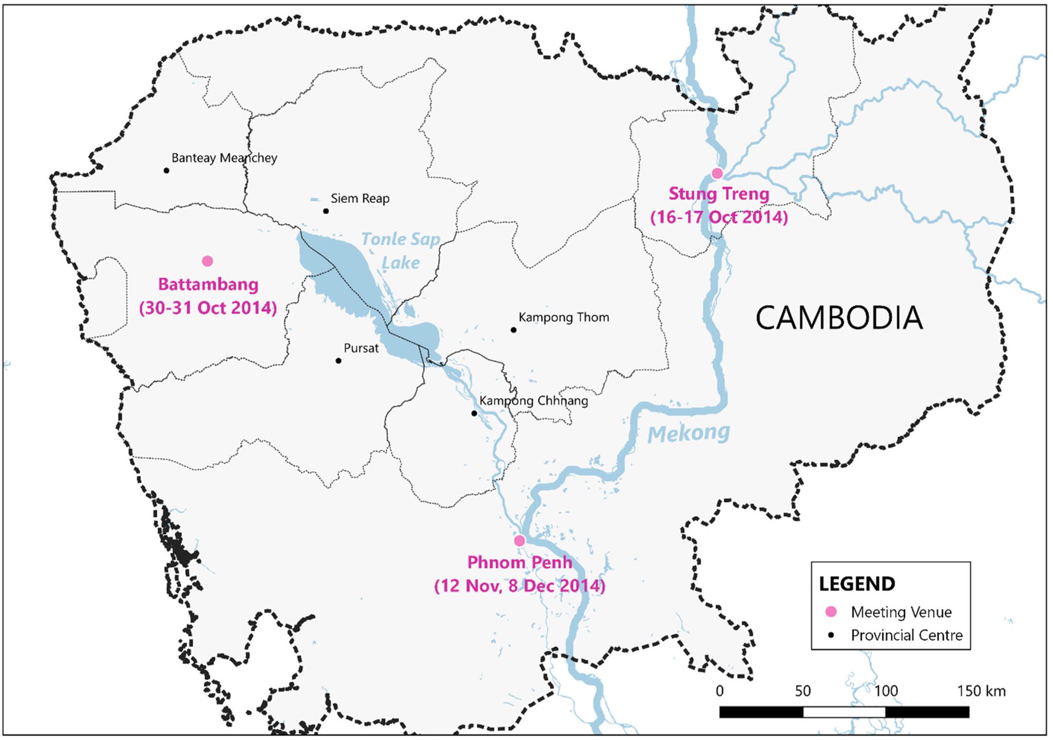 FIGURE 2. Map of meeting venues for the Don Sahong PNPCA in Cambodia [Color figure can be viewed at wileyonlinelibrary.com] 