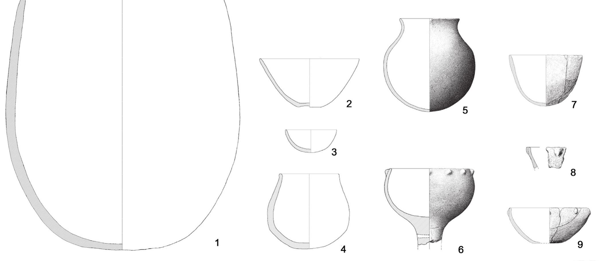 Fig 3 The nine pottery vessels studied (14564, 14584, 14601, 20128, 20129, 20130, 20149, 20367 and 20369). 