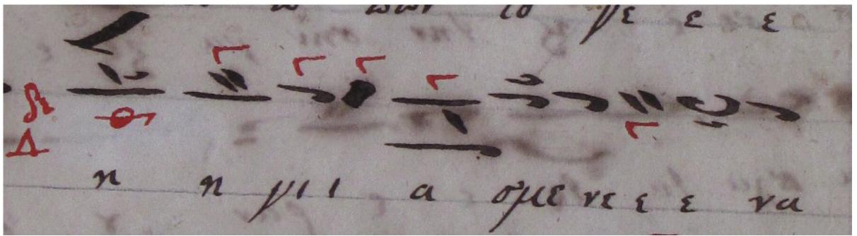 Figure 2. Sinai 2230 f. 53r  record notes values of less than a quarter without respecting the rules of the Analytical Notation. In this way the gorgon probably describes eighths each time it is used but not necessarily in pairs according to the rule, while the trigorgon seems to describe sixteenths, regardless of the fact that it does not affect more signs. In the same context, one can find a strange sign written in red ink and apparently used as a sign of expression, which, however, cannot be recognized. Its use is probably equivalent to that of the omalon, which is not used elsewhere. 