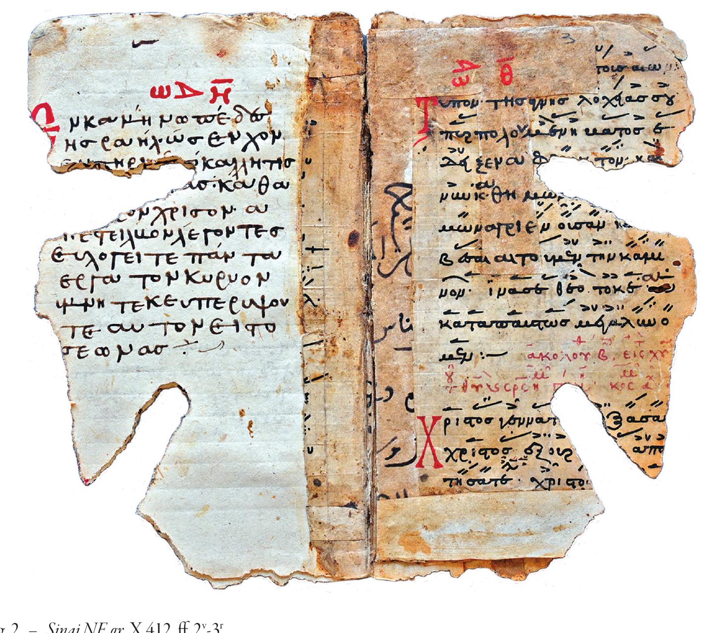 5. Cf. Kovotavtivog Daoros, ‘H éAAnvikh mapd&doon otic yovoixés ypapéc tod Meoaiova. Eioayoyh ott veruatixt éxiothun, Oecoadovikn 1998, p. 119-135; Christian TROELSGARD, Byzantine neumes. A new introduction to the middle Byzantine musical notation (Monumenta musicae Byzantinae, Subsidia 9), Copenhagen 2011, p. 27-33.  6. Nrkoaonoyraox, Néa evpHuata, cit. n.1, p. 245.  is independent and ff. 13-21 constitute another quire with folios missing at the beginning and end. The absence of watermarks leads to the use of other methods in order to make an approximate dating of the fragment. The notation used in this fragment is the Coislin VI, generally in use until the middle of the 12th century, when it was replaced by the next notational type, the Middle notation, in the second half of the same century’. Consequently, on the basis of the notational type, the fragment should be dated to the mid-12th century, just before the change from the Coislin type to the Middle notation. Nevertheless, the study of the handwriting leads to a later period, namely to the first half of the 13th century. 