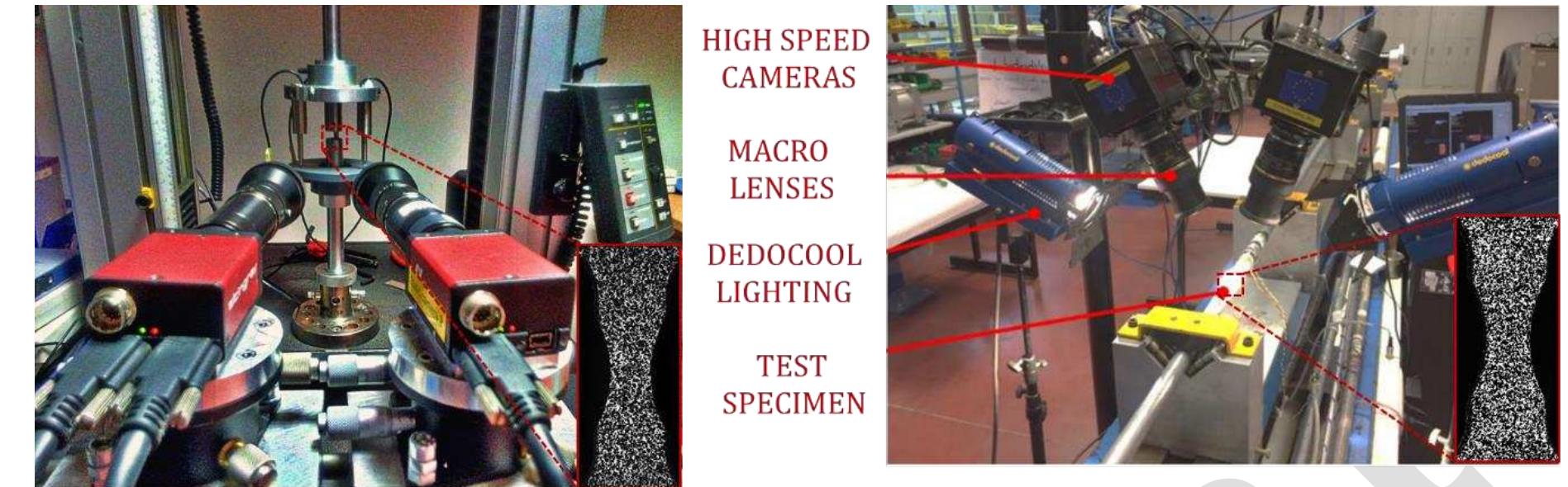 Fig 1. DyMaLab static (left) and dynamic (right) tensile test setups (Inset: Speckled notched R4.5 specimen) 