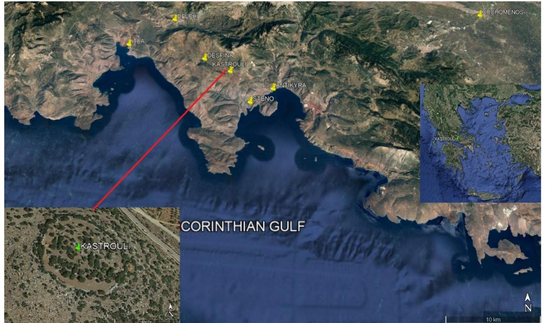 Figure 1. Location of the main sites reported in the text on the map of central Greek mainland. The inset picture is an oblique aerial view of the Kastrouli settlement (coordinates: 37° 54'19.56 E, 42° 50'792.35 N; Google Earth).  San Diego [3,4] and with subsequent excavation in 2017 and 2018 [5,6]. The Mycenaean site of Kastrouli is located on a 700 m height hill having a strategic position for controlling the Mesokampos plateau and is certainly related to other coeval settlements in the vicinity. Throughout centuries, the Kastrouli fort was a checking point controlling the communi- cation between the two important harbors of Itea and Antikyra and possibly a seaport at Steno [7,8]. Recently it has been identified as the Homeric site of Anemoreia in Homer’s Catalogue of Ships (Iliad, 2.521). Although the site is not discussed more by Homer with its heroes, Schedius and Epistrophus, remaining among the most obscure [7,9].  