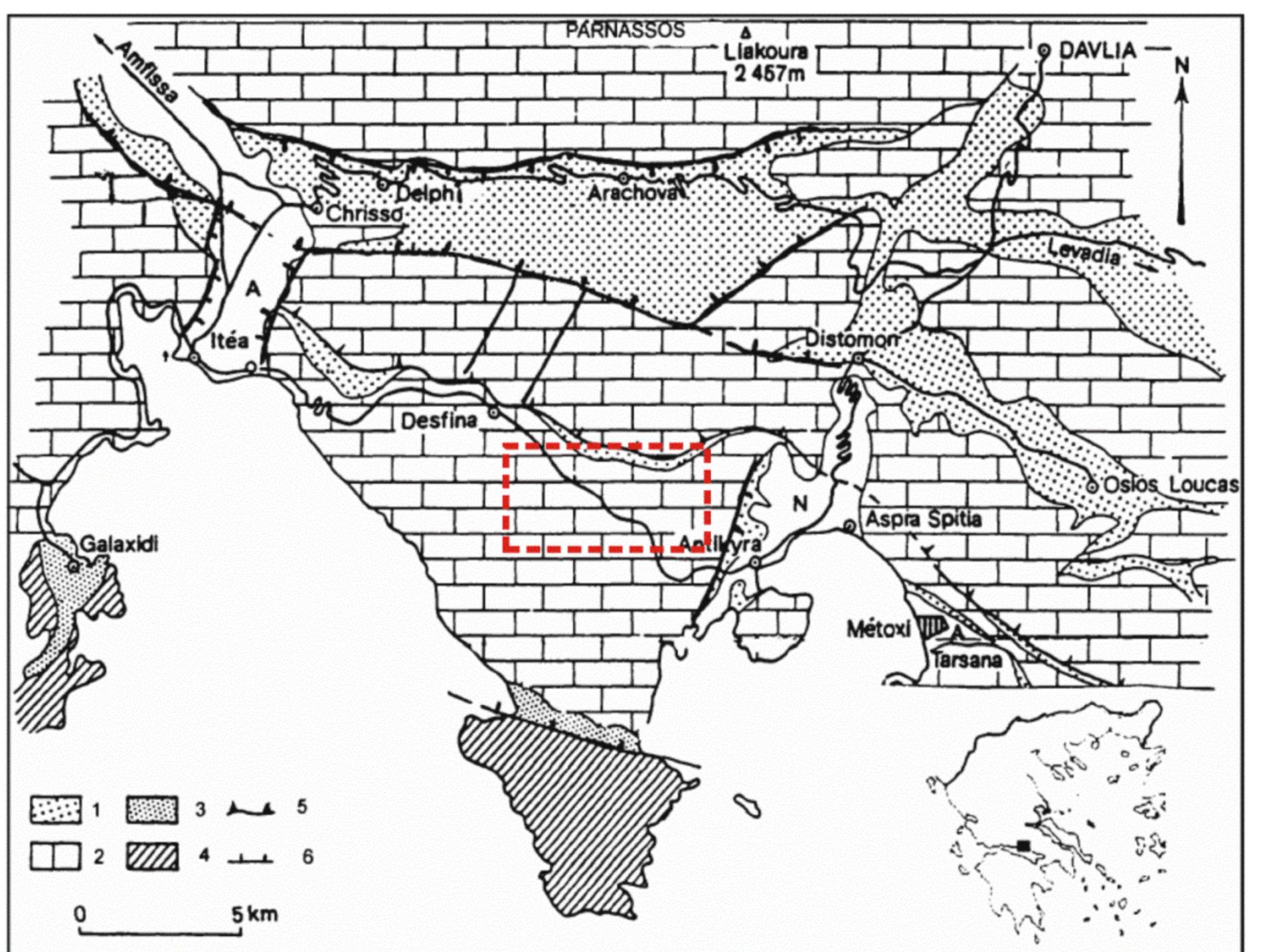 Figure 2. Simplified geological map of the studied area (by Marinos; modified by Celet) [19,20]. Parnassus-Ghiona zone: 1. Flysch; 2. Limestones; Pindos Zone: 3. Flysch; 4. Limestones and cherts; 5. Overthrust; 6. Fault. The red dashed framework outlines the studied area.  The broader region of Kastrouli consists mainly of Alpine formations of the Parnassus- Ghiona zone and is partly covered by Neogene-Quaternary terrestrial loose deposits. At the coastal zone south of Kastrouli there is a small outcrop of Pindos Zone (Figure 2). The Parnassus-Ghiona zone consists of a limestone sequence with bauxite intercalations. Lime- stones are neritic, medium to thick bedded of Triassic to Cretaceous age and are underlain by flysch [19,20], which comprises brown-red siltstones, mudstones and sandstones. 