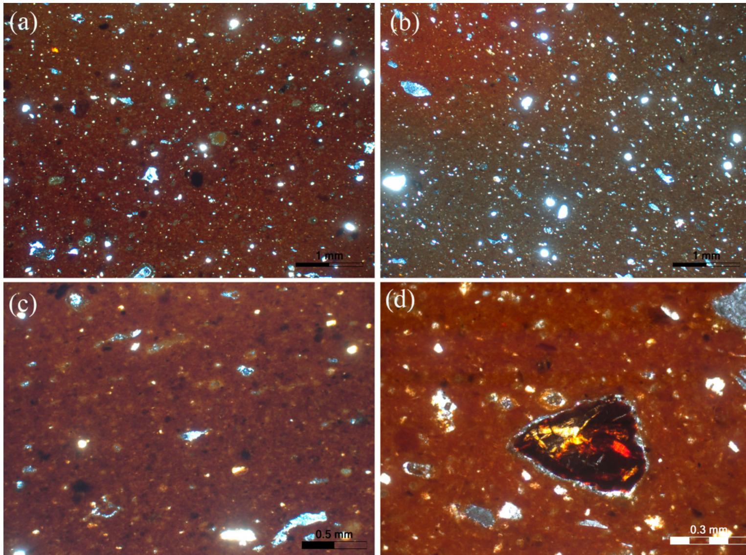 LaAVLILC Orvtpy 4 SEE aOR dive vans (ANG 4, INGE, TN], INGO GALLIUM ING) GALIM Lo aniunene? characterized by the predominant presence of the semi-fine (<1 mm) silicate inclusions. Its micromass interference color ranges from reddish dark brown, yellowish brown and reddish brown to brownish or grayish red (Figure 3a—c). Interference colors constitute a mean for evaluating the composition of the raw material and/or the atmosphere conditions inside the kiln. Grey interference colors may be attributed to reducing or incomplete firing conditions. Red color of the matrix is indicative of the presence of hematite or the possible oxidation state of iron, thus reflecting oxidizing conditions. Orange and yellowish hues of the interference colors are due to the calcareous raw material. The optical state of the micromass (ranges from moderate optically active to optically active. Sample K22 is distinguished from the rest due to its inhomogeneity in terms of the distribution of the interference colors, showing a brownish red interference color at the core and a dark red interference color at the rim (dark brown and reddish brown under PPL, respectively). The porosity is less than 5% of the field and is represented mainly by meso-vughs. The grain size distribution of the aplastic inclusions is characterized by c:f:v19,, ratio around 3:72:5, they are moderately sorted and exhibit a double-spaced porphyric related distribution. Monocrystalline quartz is the predominant constituent and its size ranges up to the fine sand class (<0.15 mm), reaching only rarely the coarse sand (<0.72 mm). The brown and white micas are significantly fewer and their size falls in the class of coarse silt <0.04 mm). Samples K28 and K59 (Figure 3d) are considered as outliers to the group due to the presence of specific aplastic inclusions and textural characteristics. Sample K28 exhibits higher packing, whereas the particle size reaches up to very coarse sand ~1.1 mm). Its dominant constituents are represented by quartz, polycrystalline quartz, whereas plagioclase, quartzite fragments, biotite, sandstone clasts with iron cement and decomposed calcite due to the firing conditions were sporadically observed. In sample K59, the grain size of the aplastics reaches up to the class of medium sand (~0.3 mm). Thermally altered serpentinite (with brown and orange interference colors) and gneiss fragments are rare.   Figure 3. Representative photomicrographs of group 1: (a) sample K21; (b) sample K22; (c) sample K24 and (d) K59. All photomicrographs are taken under crossed Nicols (XP). 