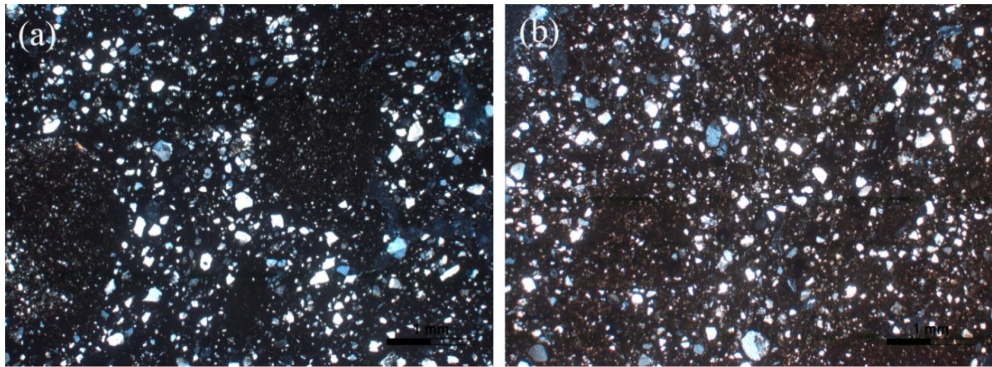 Figure 4. Representative photomicrographs of group 2: (a) sample K3 and (b) sample K126. All photomicrographs are taken under crossed Nicols (XP). 