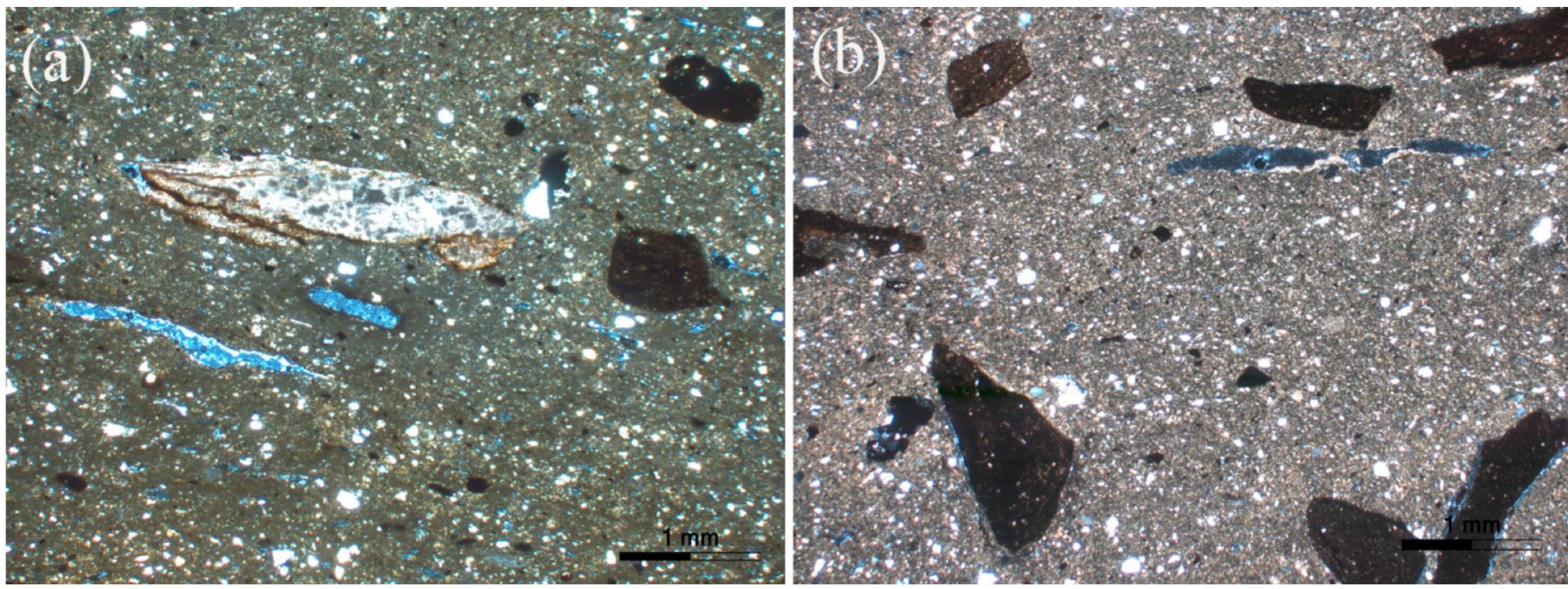Figure 6. Photomicrographs of the fabric group 4: (a) sample K7 and (b) K127. All photomicrographs are taken under crossed Nicols (XP).  This fabric group consists of three samples (K4, K7 and K127) bearing inclusions which are mainly sized up to granules size class (<2.8 mm) and are predominantly composed of angular mudstone fragments. The micromass is optically active but interference color variability across the samples of this fabric is significant. Sample K4 exhibits brownish olive interference color, whereas samples K7 and K127 have a yellowish-brown interference color (Figure 6b). The porosity is less than 5% and is represented mainly by meso- and less by macro-planar voids which are orientated parallel to the external surface of the artifacts. Inclusions have a c:f:v19,, ratio 20:75:5, exhibiting a bimodal grain size distribution and an open-spaced porphyric related distribution. Limestone fragments are also present. The rest of the constituents such as mono- and poly-crystalline quartz and micrite are sized up to fine sand class (<0.2 mm) and are fewer. A chert fragment and a limestone (sparitic) fragment were identified only in samples K4 and K7, respectively (Figure 6a).  