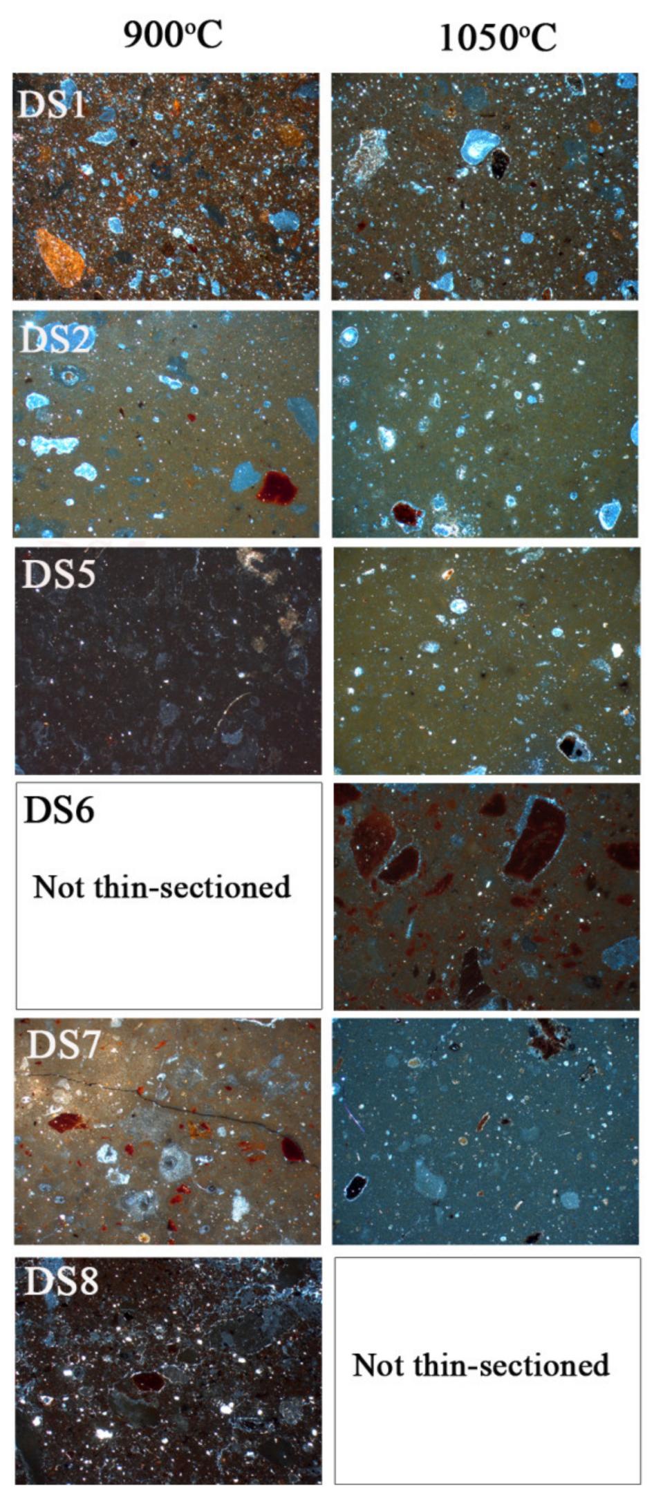 Figure 12. Photomicrographs of the thin sections made from the DS briquettes of the calcareous  raw materials. All photomicrographs are taken under crossed Nicols (XP). (Width of field of view: 4.4 mm).  Figure 12. Photomicrographs of the thin sections made from the DS briquettes of the calcareous  The samples DS3 and DS4 are described individually due to the formation of the core and margins and the absence of the carbonate components. The interference color of micro- mass at 900 °C is dark olive in the core and dark red at the margins, whereas at 1050 °C it changes to light olive in the core and red at the margins. In relation with the ceramic sherds, two samples (K22 and K16) have been characterized as non-calcareous, and in addition both are distinguished for the development of “sandwich microtexture” (Figure 13). 