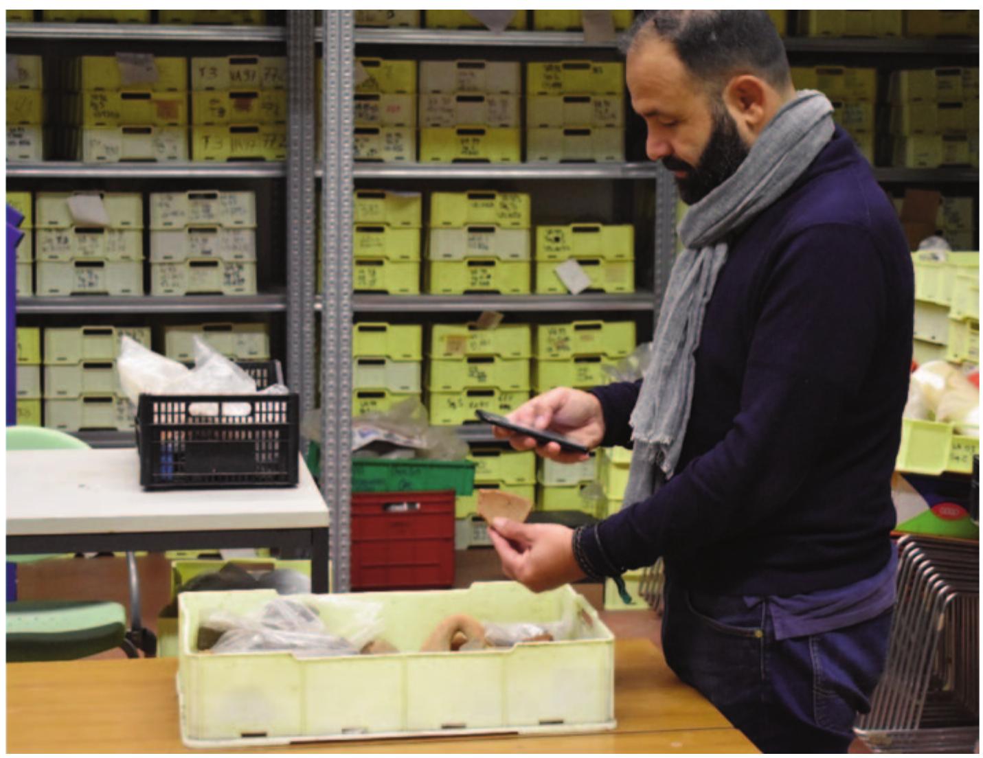 Fig. 2. Photo-campaign for collecting images for neural network training resulted in an unforeseen time-consuming activity. ArchAIDE meets archaeologists’ needs creating a portable, user-friendly tool for mobile devices, able to be used everywhere, accelerating the collection phase during the work in the archaeological warehouses. 