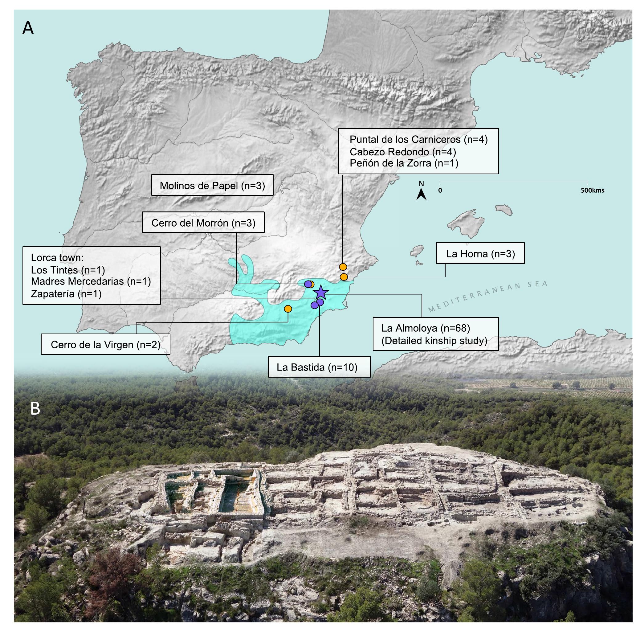 Figure 1. Early bronze age El Argar in southern Iberia. (A) Map of Iberia and location of the Argaric and other Bronze Age nearby sites. The map was created using QGIS 3.12 (https://qgis.org/en/site/) and uses Natural Earth vector map data from (https://www.naturalearthdata.com/downloads/). (B) A view of the La Almoloya hilltop site from the East. 