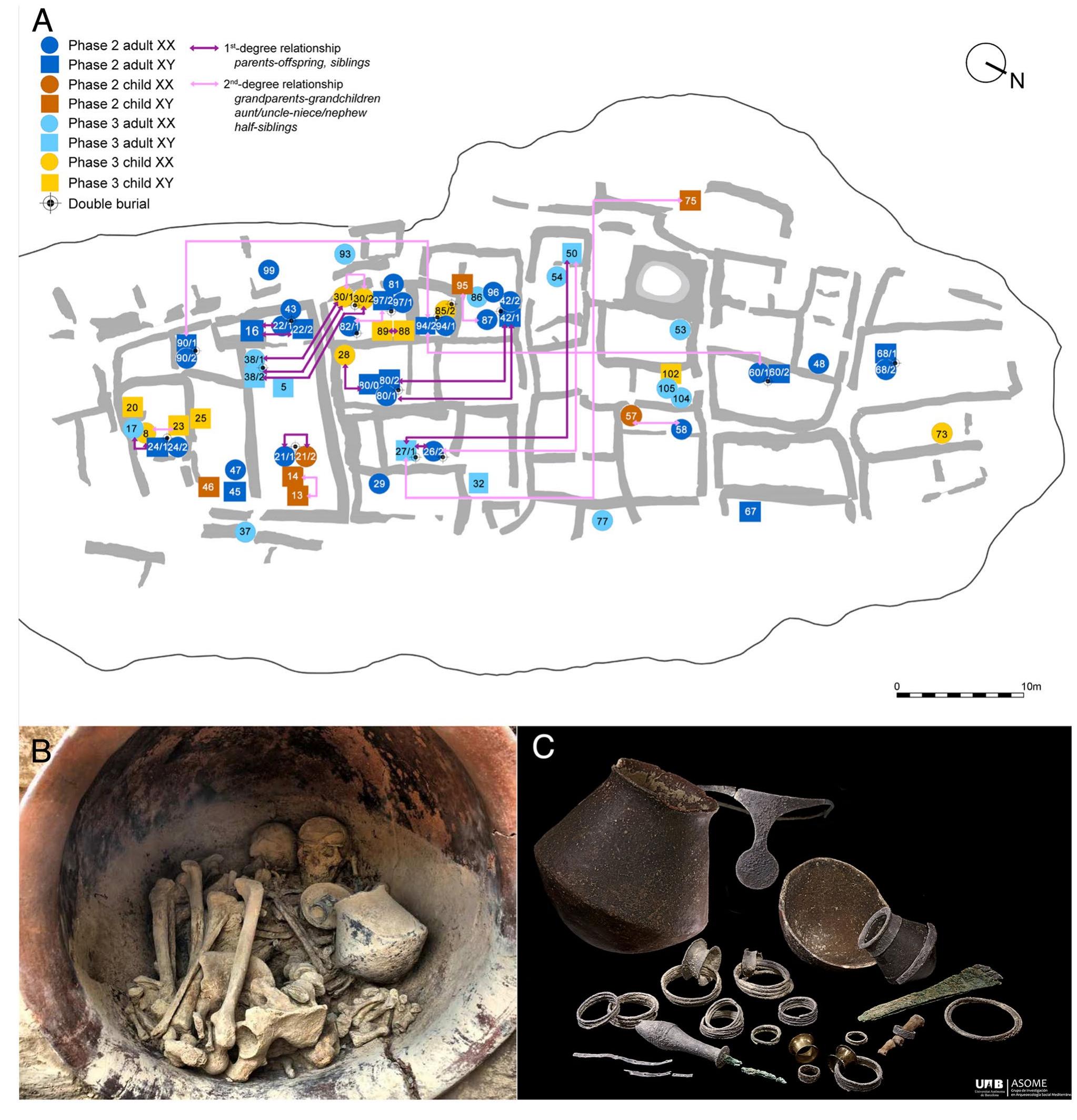 Figure 2. (A) Plan of La Almoloya phase 3 highlighting the position of burials that have yielded sufficient aDNA and close genetic relatedness between individuals up to the 2nd degree. For full pedigrees see SI Appendix, Sect. 3. (B) Exemplary pithos double burial and grave goods (C) from La Almoloya burial AY38. 