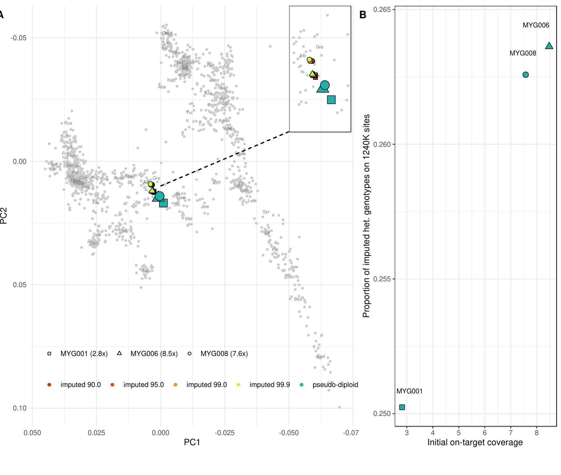 individuals and as mean of within-population PC1 and PC2 coordinates. The pseudo-diploid 