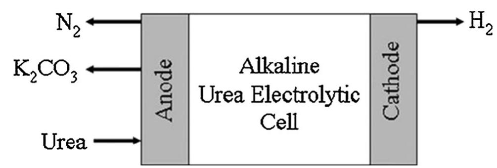 Fig. 5 Scheme of direct urine fuel cell (DUFC) proposed by Botte in 2008 (Reproduced from Ref. [45] with permission from the Royal Society of Chemistry)  The combination of urease and electrochemical oxidation can be termed bio-electro-oxidation. Watanabe et al. [113] investigated the mechanism of the electrochemical oxida- tion of urea with urease on a glassy carbon electrode. The slectrode surface was aminated during cyclic voltammetry runs. Urease decomposed urea to NH; and carbamic acid, which then either decomposed to ammonia and carbon dioxide or underwent further electrochemical transforma- tions to eventually form nitrogen. Laurinavicius et al. 