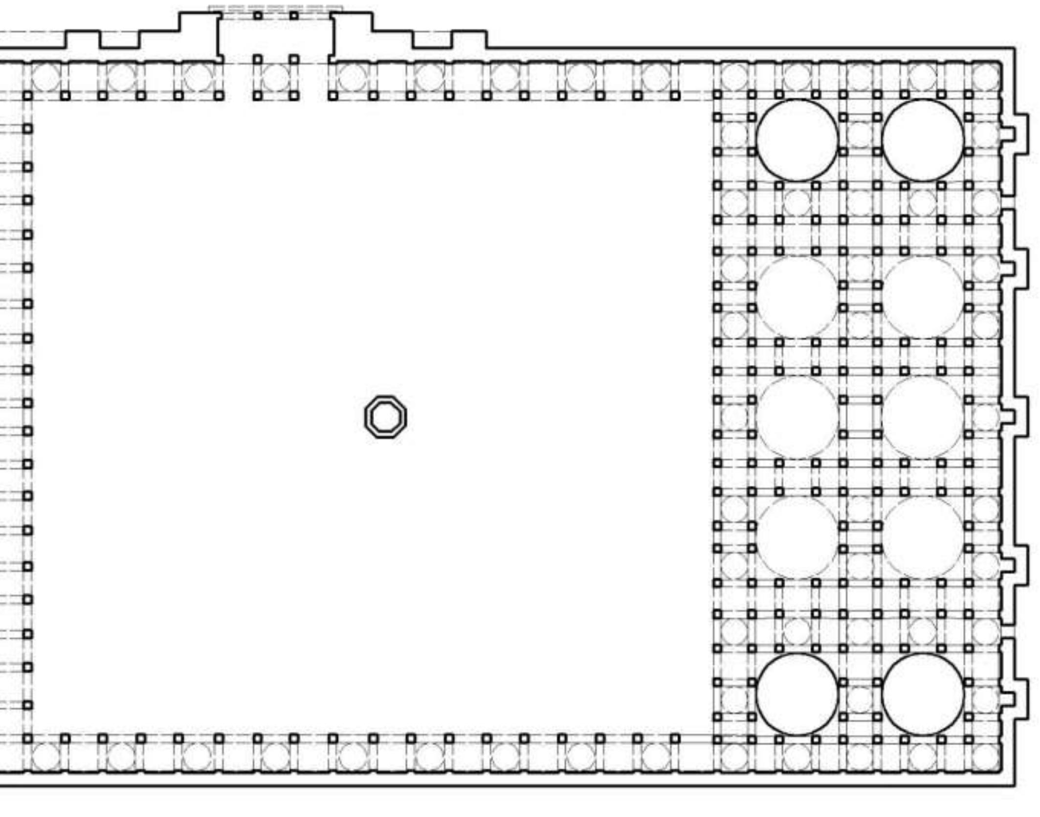 08). The hypostyle prayer hall directly opens to the courtyard without any arched screen. A raisec prayer area, approachable through a separate entrance, at the northwest corner of the prayer hall, is  screened for the women of the court.  Jama Masjid Champaner (1513): Jami Masjid Champaner was built by Nasir-ud-Din Mahmuc Shah I Begada”. The hypostyle prayer hall is covered with many small and large domes. The central mihrab of the qibla wall is flanked by three smaller mihrabs. The central bay is double heighted arez covered with a large dome. The central large arch of the fagade of the prayer hall with two tal minarets is flanked by two small arches on each side. On the northwest corner of the prayer hall, < screened area was dedicated for the royal family for the prayer with a separate entrance to the north of the prayer hall. This screened area directly opens to the outside through a small door. There is < small minaret at each corner of the prayer hall. The arcuated facade of the prayer hall opens to the  courtyard surrounded by cloisters. The courtyard is accessible through gates on the east, north anc 