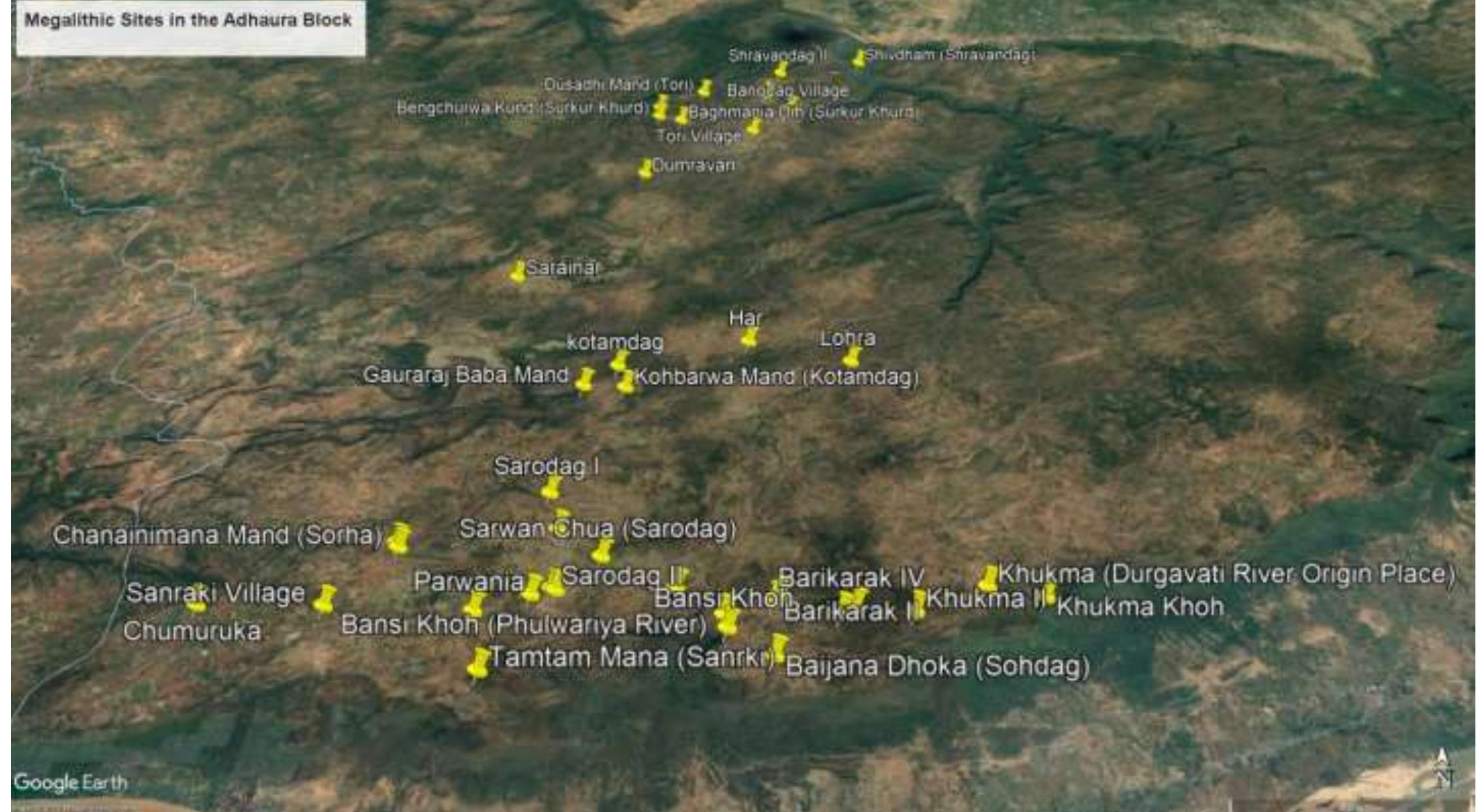 have not any associated surface material. These sites are purely identified by their appearance.  Fig. No. 01: Explored Sites in Adhaura Block, Kaimur District, Bihar  Preliminary survey details of the megalithic sites are discussed here. 