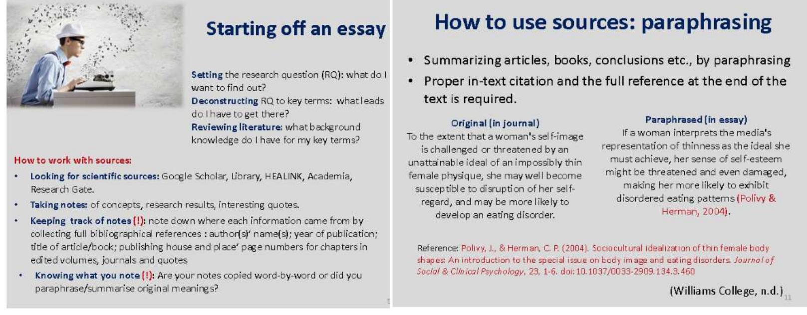 Figure 4: Indicative slides from the PowerPoint Presentation  Peep eee eae SLE ee Pare ee ey ST Se pee er ee Academic Writing: The written assignments included in the program’s modules involve a large variety of academic genres, ranging from summaries, reflective response papers and literature review papers to research papers. With regard to research papers, students are given detailed written instructions on the structure and content of this genre, when the relevant assignments are given. Moreover, sample papers included in the modules’ reading materials are reviewed during the TSSs with a focus on their structure. Additional advisory online sessions are held, in which students can ask any question they have regarding their ongoing work. As far as the weekly assignments are concerned, when a new text type is introduced, tutors provide students with extra material (usually links to carefully selected free online resources), containing guidelines for the particular discourse genre.  To support the students into this venture, a powerpoint presentation (figure 4) has been composed covering a range of topics, from understanding the different genres of writing to  Pe ee: ee on ee a ee ee ee, oe ee, ee Se Se, ee. Le oe  Fresentation skills: Lhe tinal examination procedure in LKM involves not only the submission of a research paper but also the synchronous oral presentation of this work to the tutor and co- students. A short discussion, including questions and answers, follows and, thus, an academic speaking simulation activity takes place. The students’ preparation for this is implemented through online tutoring (during the TSSs) but also through supportive material on rhetorical functions (for example, how to prepare successful ppt presentations). Also, during the 2nd TSS an optional oral presentation of the short essay is asked of the students.  The above actions are complemented with a comprehensive evaluation system. More specifically, with regard to the two major components of the modules’ assessment scheme, the midterm short essay and the final research paper, students are provided beforehand with detailed assessment rubrics, in an effort to increase transparency and promote students’ autonomy, self-  assessment skills and academic awareness of the writing process. Reoardino the rect af the activities the acceeement criteria (and their eamnonentc) adanted are ac 