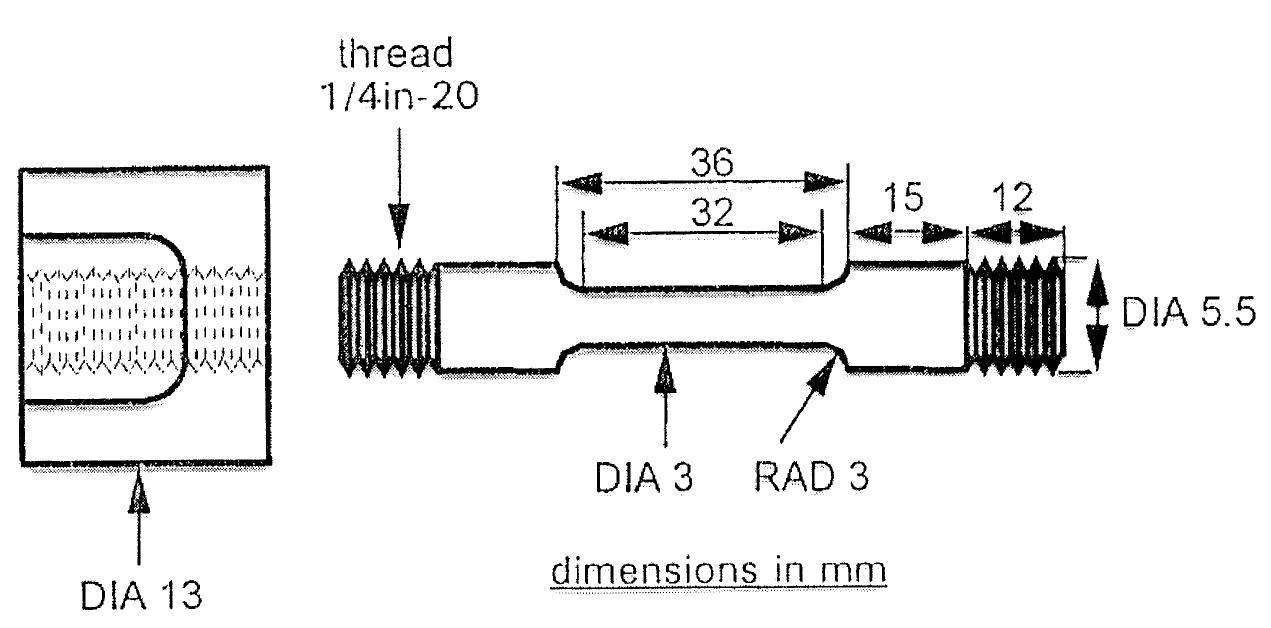 Tensile test specimen machined from rod sample, and threaded