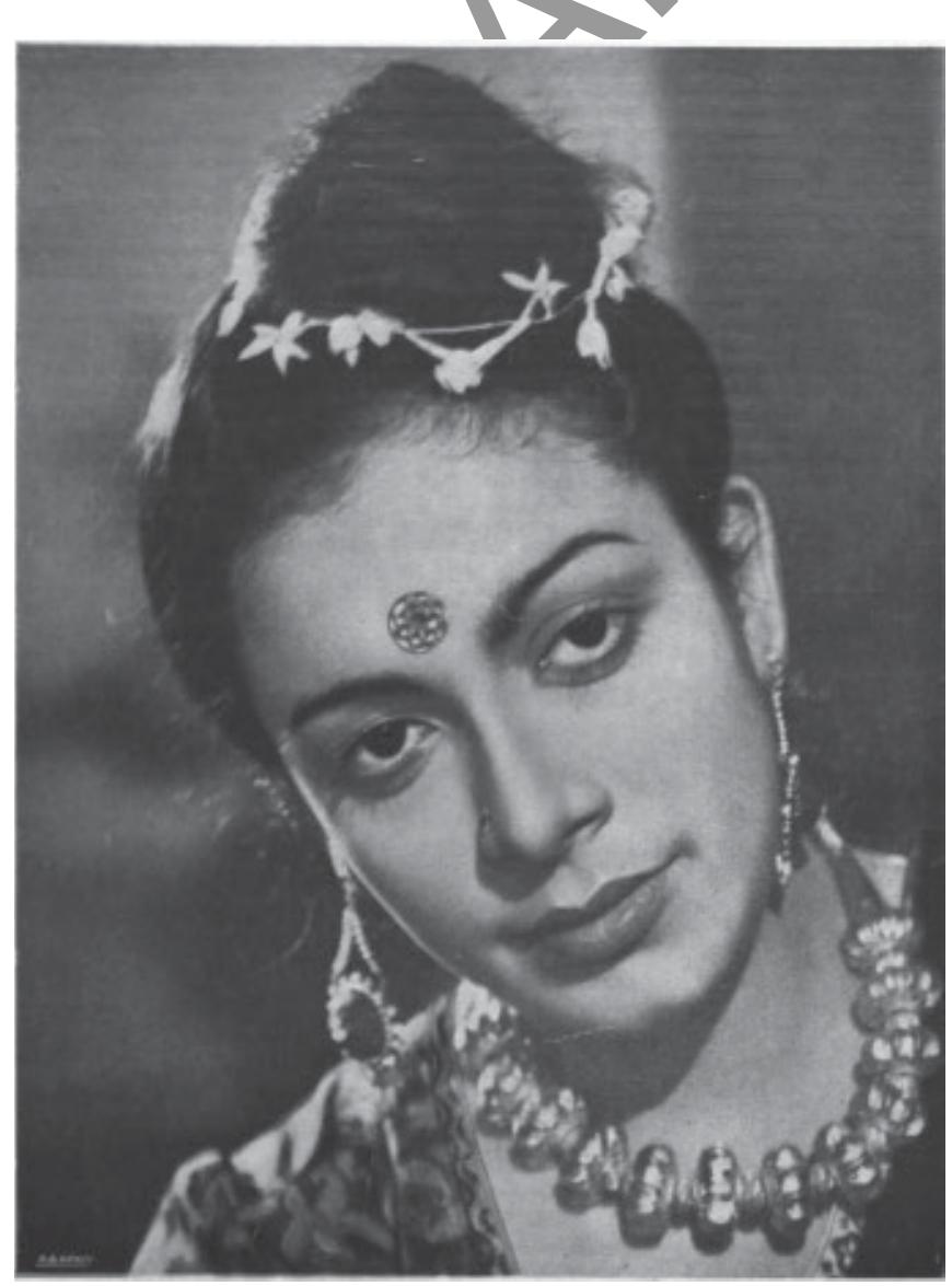 Protima Dasgupta was born into a wealthy family in the princely state of Bhavnagar. Her father was the General Manager of the Bhavnagar State Railway and her mother was the Minister of Education of Bhavnagar State. Schooled in England from the age of five, Protima returned to India to complete secondary school at Calcutta’s Diocesan Girls’ Collegiate High School. Subsequently, she attended Rabindranath Tagore’s renowned Vishwabharati University in Shantiketan. Tagore was one of the few public intellectuals of the time who was openly supportive of the possibilities of cinema. In 1938, a seventeen-year-old Protima made her acting debut in Gora (Naresh Mitra, Bengali, 1938), an adaptation of Tagore’s own well-loyéd story of the same title. After acting in a few more Bengali films like Path Bho ircendranath Ganguly, 1940), Shukh Tara (Niranjan Pal, 1940), and Byabadhang(Phani Burma & Niren Lahiri, 1940),  Protima moved to Bombay to consolidate he er as a film actress (Figure 5.2). a   Figure 5.2 Publicity portrait of Protima Dasgupta from the film Raja (Kishore Sahu, 1943). Source: the National Film Archives of India. 