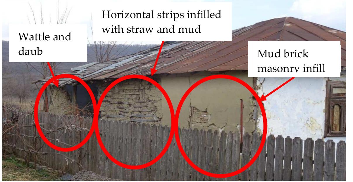 House with timber skeleton and three types of infills in