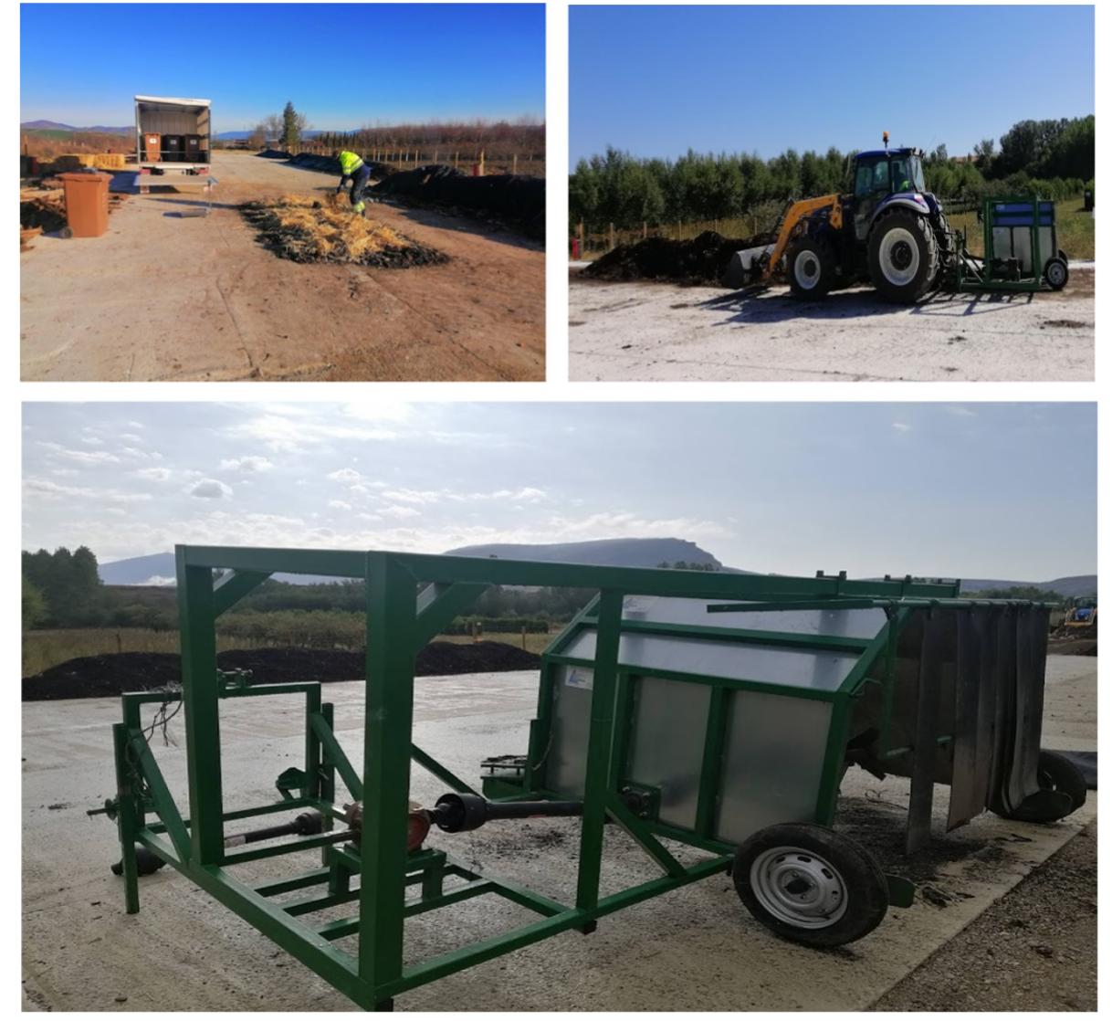 periodically to diagnose the facility status and alert or propose changes or modifications in the treatment protocols. During the fermentation stage, windrow turning is carried out regularly with special equipment for this purpose (windrow or bridge turner) that has been designed and built in a local smithy (that now commercializes this equipment to other composting facilities in Spain). The combination of the material conditions (moisture, porosity, balance of nutrients) and the physical characteristics of the windrows, that allows them to keep the generated heat and the moisture, plus the periodic turnings, causes that the process achieves adequate thermophilic temperatures and reaches the maturity stage in a few weeks.  There have not been any problems with leachates or bad odors. The windrows and heaps 