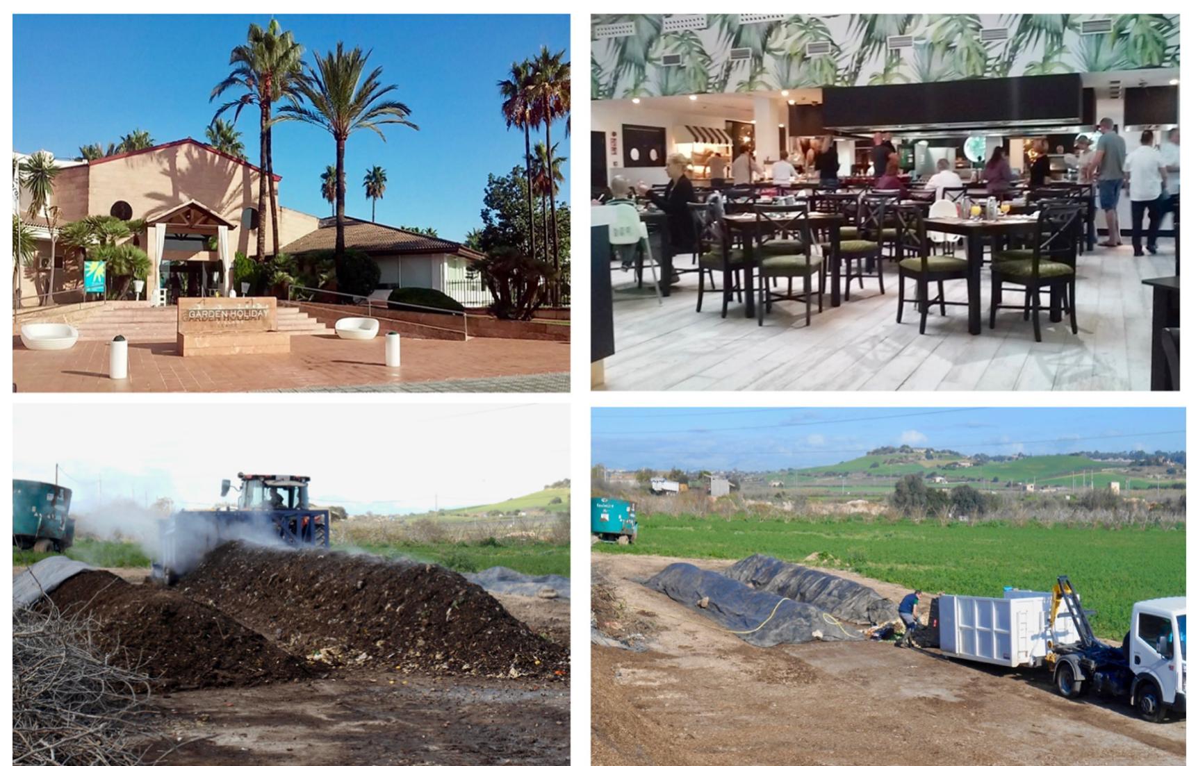 FIGURE 13.7 Upper left, the facade of one of the CESGarden’s establishment participants in the project. Upper right, the restaurant in the hotel where local organic foods are served. Bottom left, aspect of the windrows being turned in the composting facility. Bottom right, unload of the bio-waste from the hotel in the composting facility. 