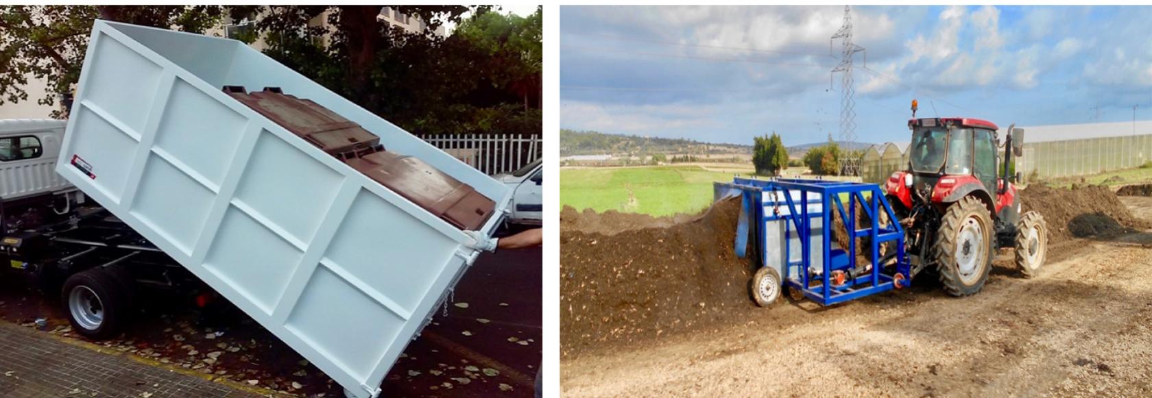 FIGURE 13.8 Left, the dump truck acquired for bio-waste collection and transportation. Right, the bridge turner machine operating in the composting facility.  iii) Other tasks related to the project 