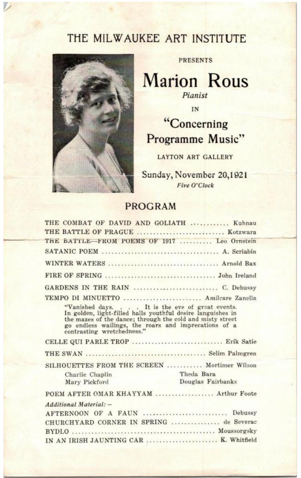 Figure 2.1: Flyer for “Concerning Programme Music” at the Milwaukee Art Institute, 1921. Collection of the author.  season”!*? by Musical America, seems to have closed out her 1920-1921 concert season.  188 C_ P. Mead in Milwaukee Sentinel, quoted in “Marion Rous in ‘What Next in Music?’ An Anatomy of Modernism,” Advertisement, Musical America 34, no. 4 (May 1921): 21. 