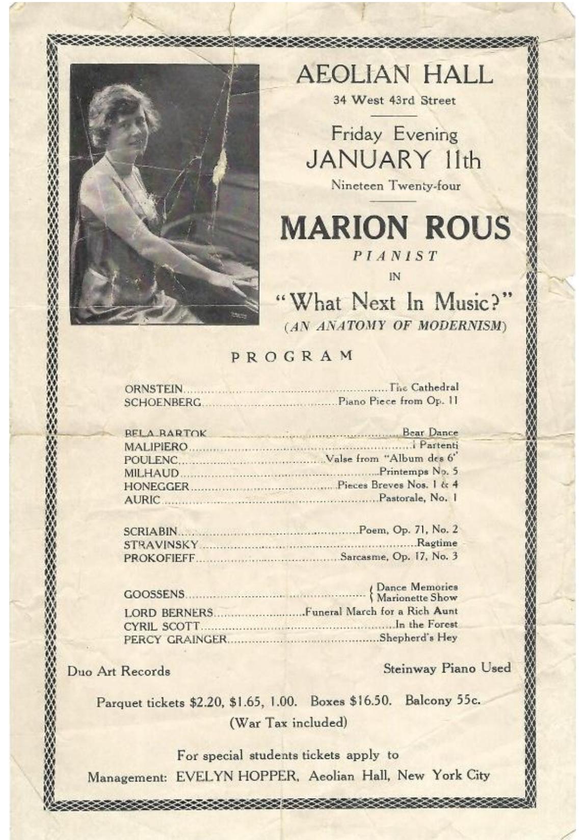 Figure 3.1: Flyer for “What Next in Music?” at Aeolian Hall, 1924. Collection of the author.  modernism, and are in disagreement as to precisely where she stood. 