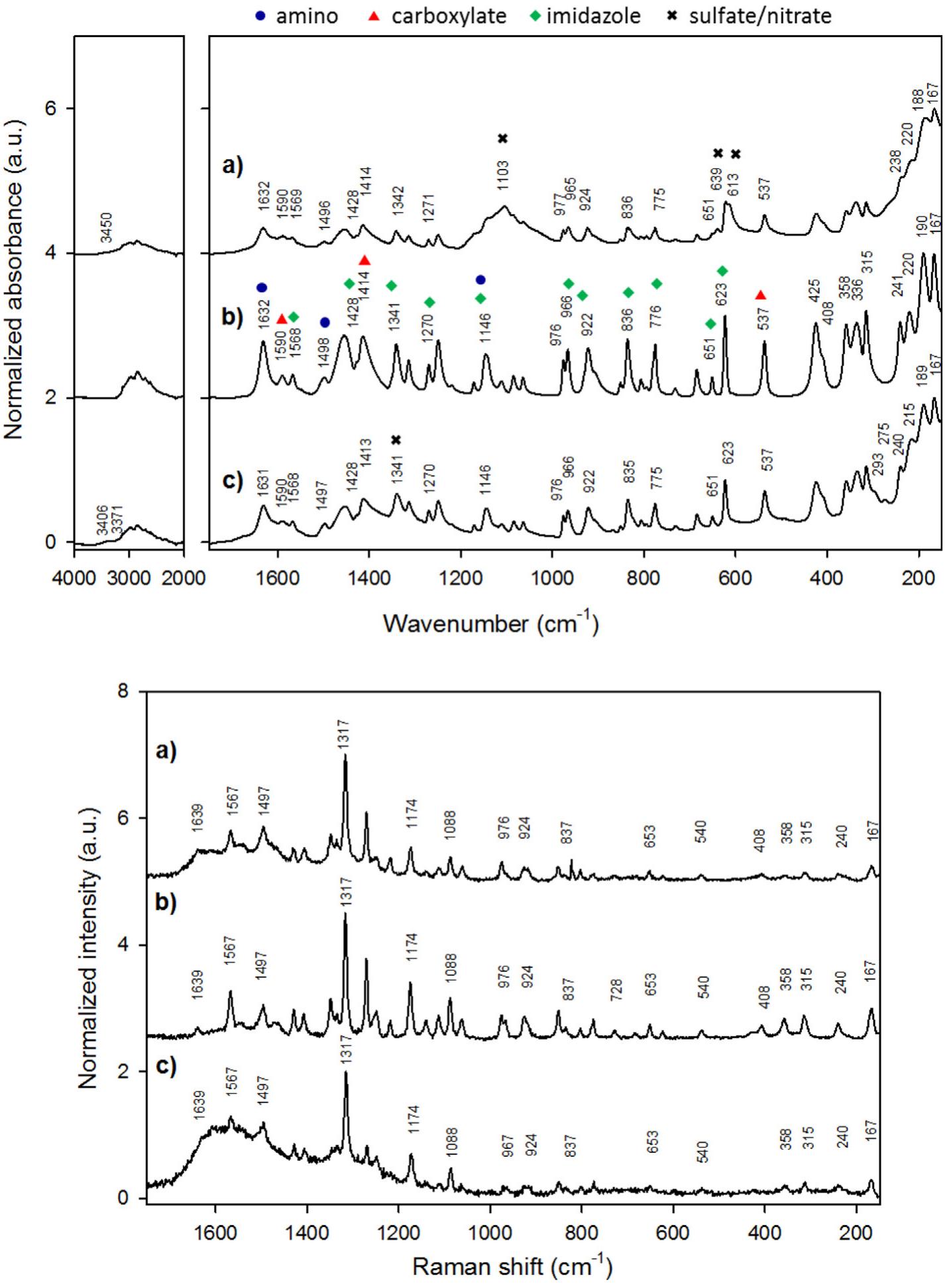 Ftir (top) and raman (bottom) spectra of fe(ii)-cysteine