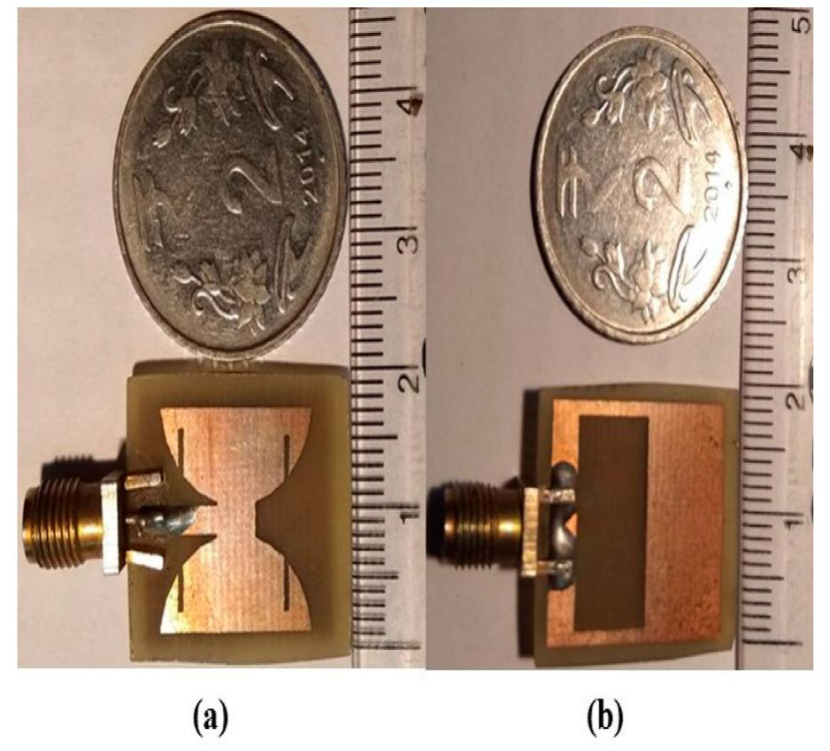 Fabricated pcb design of proposed antenna: (a) top view of