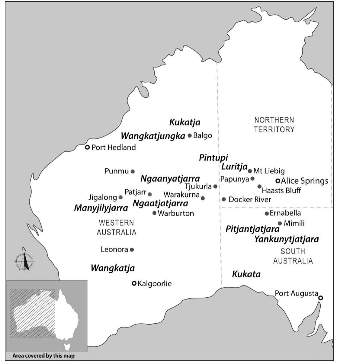 Figure 1. Map showing Western Desert languages and some of the communities where they are spoken (map: Jennifer Green)  The Ngaanyatjarra Lands lie within the Western Desert, fanning out into Western Australia from the tri-state border with South Australia and the Northern Territory (see Figure 1). Approximately 2000 people live in the Ngaanyatjarra Lands communities. Residents are pre- dominantly Ngaanyatjarra speakers, but the speech community also comprises speakers of other mutually intelligible Western Desert languages (including Ngaatjatjarra and Pitjantjatjara). English is also widely spoken (Kral 2012). The ‘Lands’ population includes descendants of the last nomadic groups of the Western Desert (the first wave came into Warburton Ranges Mission in the 1930s, and the last in the 1960s). As a group, the Ngaanyatjarra have never left their tra-  ditional lands, nor has this region been annexed or occupied by outsiders (Brooks 2002, 2011).  ditional lands, nor has this region been annexed or occupied by outsiders (Brooks 2002, 2011). 