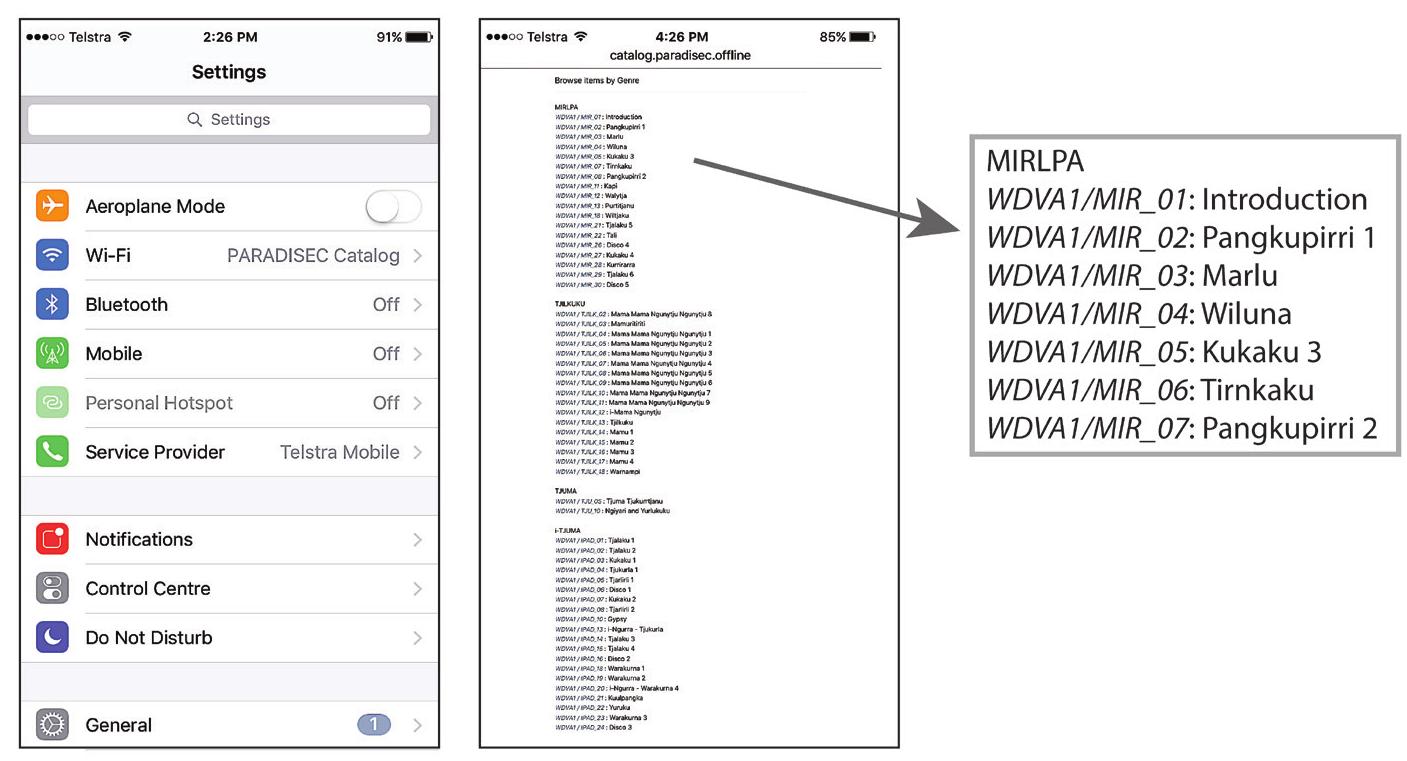 Figure 6. Screenshots showing the ‘PARADISEC Catalog’ interface and menu on a mobile phone 