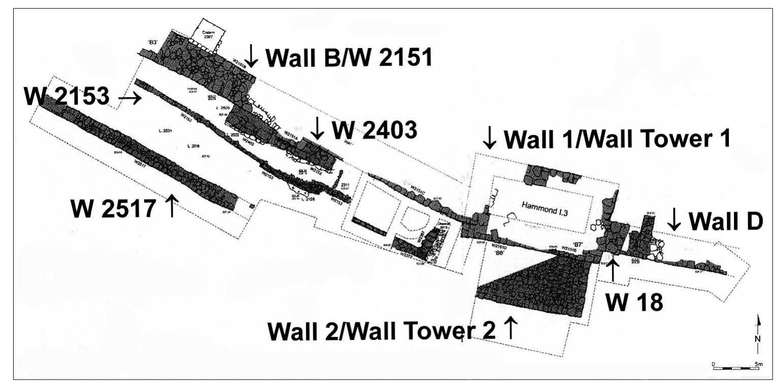 Fig. 4. Plan of the fortifications on the southern side of the site, following the 2014 excavations; BEN-SHLOMO/EISENBERG 2017, fig. 4.2. 