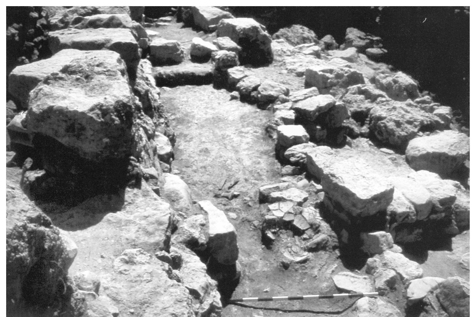 EISENBERG’S excavation at the northern side of the site, viewed from north-east.  On the left — EB III Wall A; on the right, on the slope — Wall B, that is the Cyclopean  Wall; in the center — House 141. The photograph may indicate that part of the house was demolished when Wall B was built; EISENBERG 2011, fig. 14. 