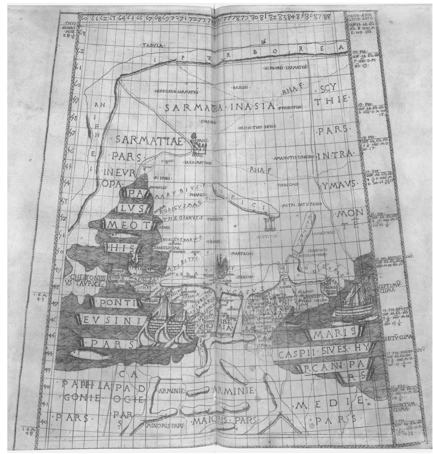Fig. 4. The northwestern provinces of Asia from the Bologna edition of Ptolemy’s Geography (de Lapis, 1477, Map 16).  This new map replaced Ptolemy’s Tabula Asiae I, with the addition of the Caucasusian provinces (Colchis, Iberia and  Albania) extracted from Ptolemy’s Tabula Asiae III. The Sea of Azov (Palus Meothis [sic]) and part of the Black Sea (Ponti  Eusini [sic] pars) are prominent on the left, and part of the Caspian Sea (Maris Caspii sives [sic] Hyrcani pars) is on the  right. Bibliotheque nationale de France, GEDD-1001, [fol. 9lv—92r]. (Reproduced with permission from the Bibliotheque nationale de France, Paris.) 