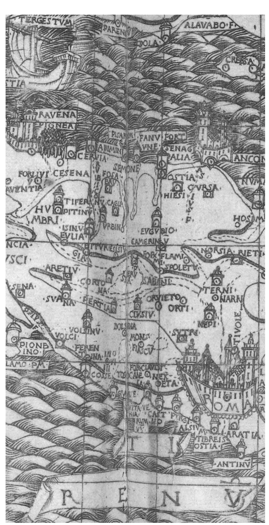 Fig. 5. Detail from the map of the Italian Peninsula from the Bologna edition of Ptolemy’s Geography (de Lapis, 1477, Map 7; see Fig. 3 for the whole map), showing Rome as a large walled city, Ancona and Ravenna as major cities. Lesser places are indicated by a single tower with a location dot (circle with point), the smallest with a circle alone. Note the Ravenna pine forest (Pignea) depicted in Crivelli’s char- acteristic style, the addition of a scroll, and the embellish- ment of the sea with waves and a ship. Bibliothéque nationale de France, GEDD-1001, [fol. 71v—72r]. (Reproduced with permission from the Bibliothéque natio- nale de France, Paris.) 