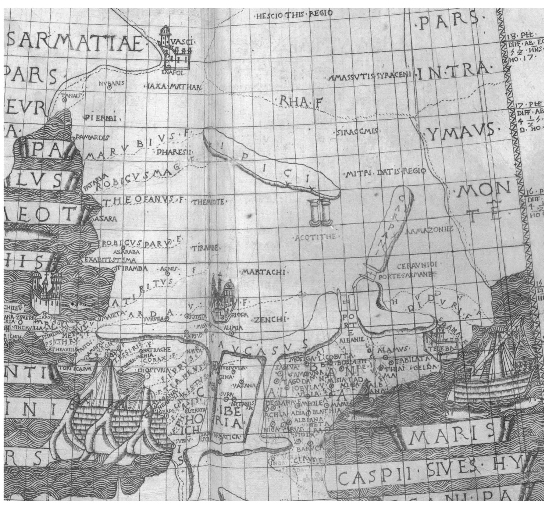 Fig. 6. Detail from the map showing Sarmatia asiatica and the provinces of the Caucasus from the Bologna edition of Ptolemy’s  Geography (de Lapis, 1477, Map 16; see Fig. 4 for the whole map). The cities of Exopolis, Teleba, Ebriaba and Apathurgus are  represented pictorially as castellated towns, the last two surmounted by a Christian cross. On the coast of Colchis is a walled  harbour, and a fishing boat is shown in the Caspian Sea. Bibliotheque nationale de France, GEDD-1001, [fol. 91v—92r]. (Reproduced with permission from the Bibliothéque nationale de France, Paris.) 