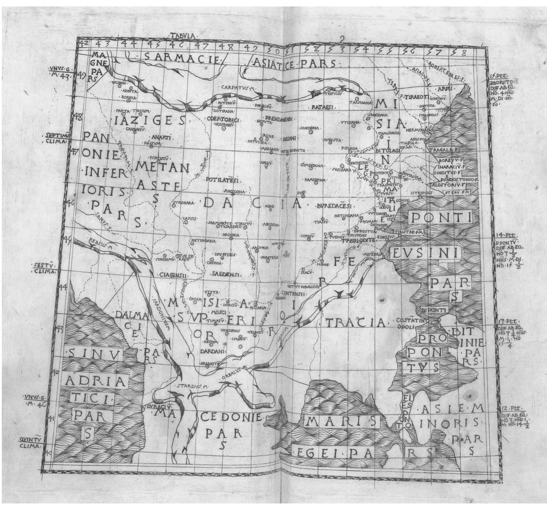 Fig. 7. The provinces of eastern Europe south of the Istros (Danube) river in the Bologna edition of Ptolemy’s Geography  (de Lapis, 1477, Map 10). Although the equivalent of Tabula Europae LX in Ptolemy’s Geography, the map leaves blank the  province of Thracia with Chersonesus, which was added to the next map in the volume (reproduced below in Fig. 8).  Bibliotheque nationale de France, GEDD-1001, [fols. 77v-78r]. (Reproduced with permission from the Bibliothéque nationale de France, Paris.) 