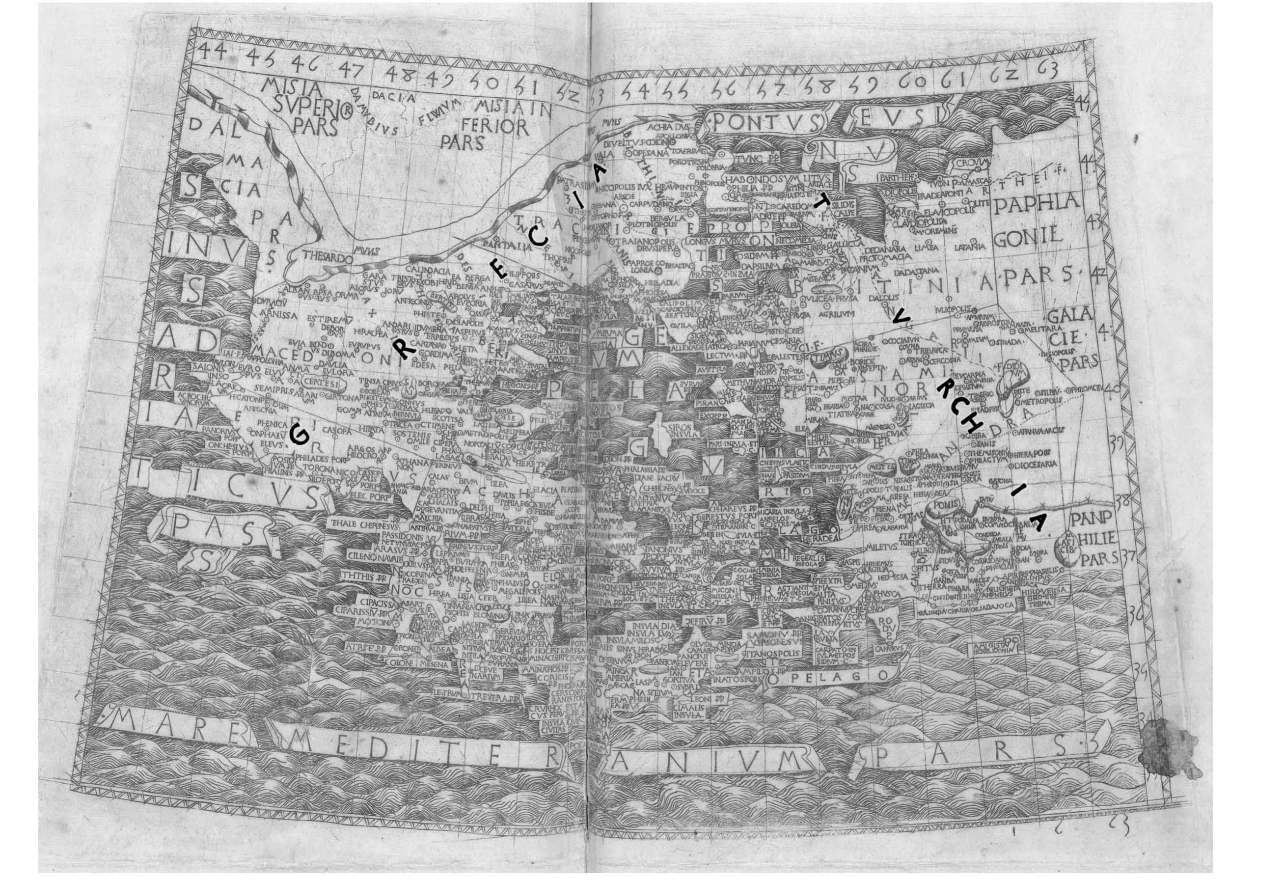 Fig. 8. The European and Asiatic provinces bordering the Aegean Sea, from the Bologna edition of Ptolemy’s Geography (de Lapis, 1477, Map 11). This new m  replaced Ptolemy’s Tabula Europae X with the addition of Thracia with Chersonesus taken from Ptolemy’s Tabula Europae IX, see Fig. 7) and the Aegean provinc  of Asia Minor (Pontus and Bithynia, Asia Propria and Lycia (all from Ptolemy’s Tabula Asiae I). The modern names GRECIA and TURCHIA (highlighted) a  inscribed on the western and eastern shores of the Aegean, and Byzantium is renamed Constantinopolis. Bibliothéque nationale de France, GEDD-1001, [fo 79v-80r]. (Reproduced with permission from the Bibliothéque nationale de France, Paris.) 