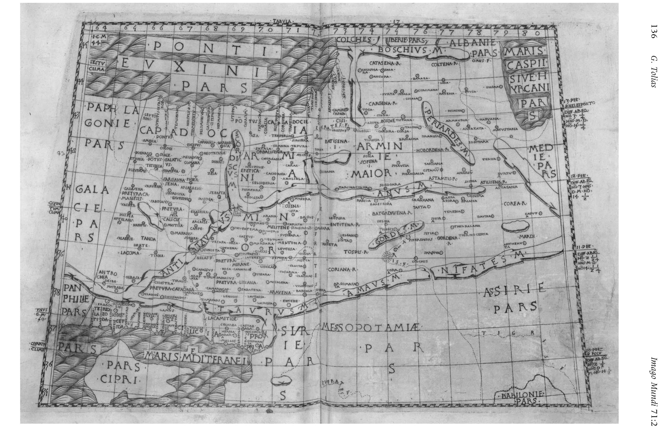 Fig. 9. The eastern provinces of Asia Minor and Armenia maior from the Bologna edition of Ptolemy’s Geography (de Lapis, 1477, Map 17). This new map includes provinces extracted from Ptolemy’s Tabula Asiae I and Tabula Asiae III. The southern part of the Black Sea (Ponti Euxini pars) is at the top, with part of the Caspian or Hyrcanian Sea (Maris Caspii sive Hyrcani pars) upper right. At the bottom right is part of Cyprus (Pars Cipri) in the Mediterranean Sea (Maris Mediterranei). Bibliotheque  nationale de France, GEDD-1001, [fol. 89v—90r]. (Reproduced with permission from the Bibliothéque nationale de France, Paris.) 