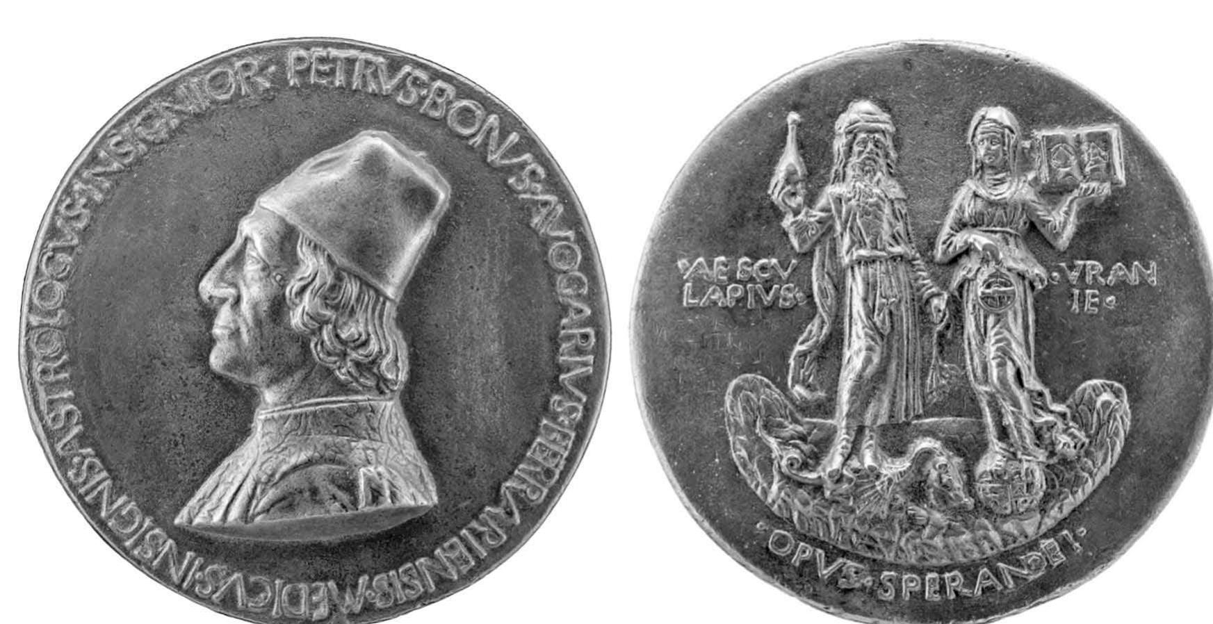 Fig. 10. Left: portrait of Pietrobono Avogaro, one of the leading astrologers and physicians in Ferrara and one of the editors  of the Bologna edition of Ptolemy’s Geography. On the obverse of the medal he had commissioned from Sperandio Savelli in  celebration of his teaching at the Ferrara studio. Right: depiction on the reverse of the Greek god of medicine, Asclepius, on  a dragon, with Urania, the muse of astronomy, who is standing on a terrestrial globe (marked with Europe, Africa and Asia)  and holding an astrolabe and a book containing a horoscope and an astrological chart, c.1472. Bronze, diameter 9.21 cm.  National Gallery of Art, Washington, DC (inv. 1957.14.712). (Reproduced with permission from the National Gallery of Art, Washington, DC.) 