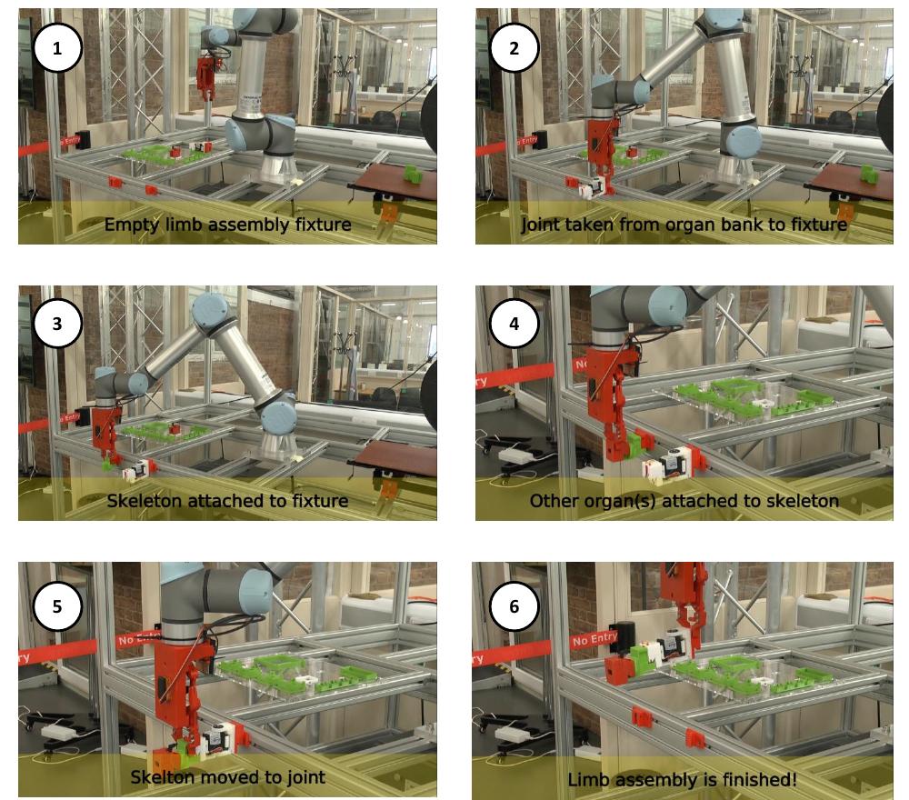 Fig. 9: Key steps of the demonstration limb assembly. The ful video is available at https://youtu.be/6D6nMtGryME  Fig. 8: Conceptual diagram of how a complex limb can be build up on a fixture, where each attachment occurs onto a component which is rigidly held. “JO/1” corresponds to “Joint 0/1” and “SO/1” to “Skeleton 0/1” from Fig. 7. 
