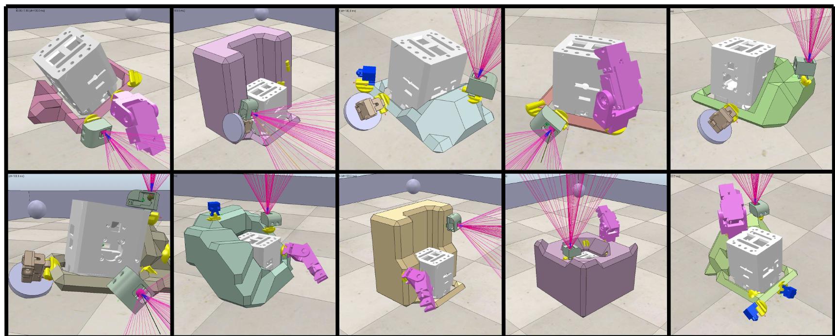 Fig. 11: A range of possible body plans created by novelty search, without any consideration for task performance or locomotion. 