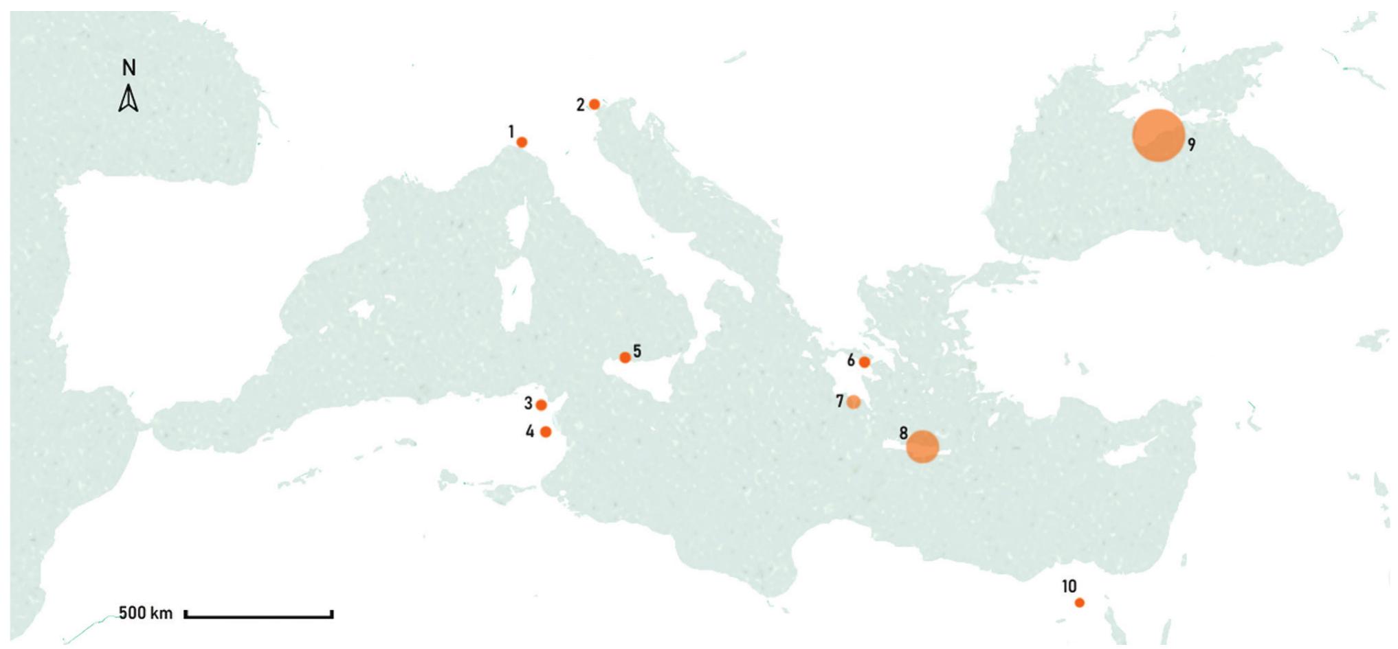 Schematic map, marked with the main sites and areas