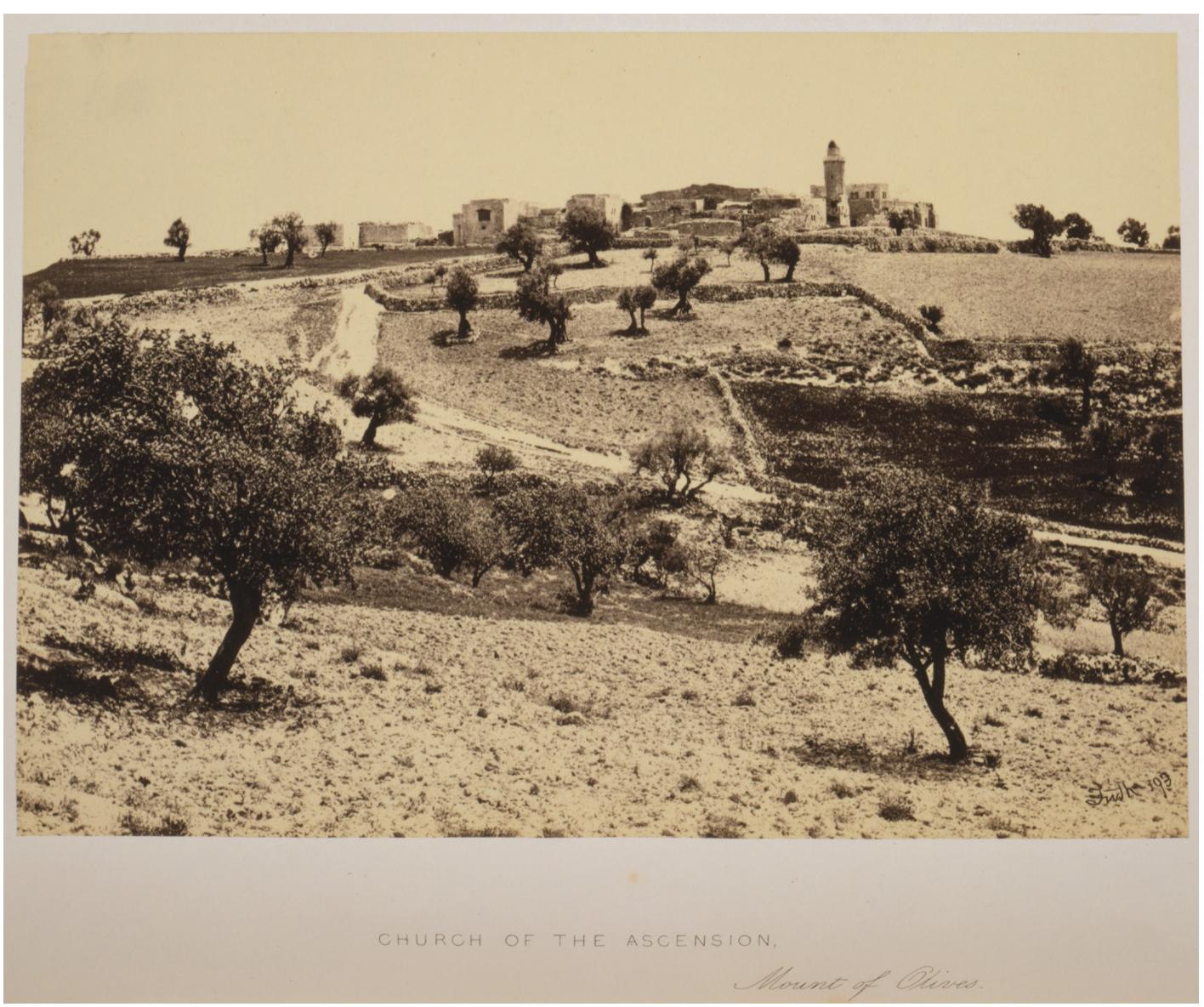 Fig. 2. Church of the Ascension. Photograph © Francis Frith, 1862. Mount of Olives, Jerusalem, https://wwwzloc gov/item/00652997/.  The Muslim sanctity of the area located east of the wall of the “noble esplanade” was not only added to the Christian holy places and related narratives but depended on it. During late antiquity, three different locales identify the area: the Valley of Jehoshaphat, Gethsemane, and the Mount of Olives. These sites were adorned with many churches, chapels, and shrines, related to the capture and ascension of Jesus, as well as to the places of commemoration of various events of Mary’s life, from her buria  to her assumption.* In the early sixth century, the Mount of Olives alone counted twenty-four Christian sites.*° The abovementioned Muslim figures authenticated the sanctity of the area for Islam by visiting the Christian sanctuaries that stood in the area.** A later (1351) Muslim text presents the contradictory case of “Umar ibn al-Khattab, who allegedly first performed two prostrations at the Tomb of Mary but later discouraged others from following his example, purportedly because of the church’s location in the Valley of Gehenna.”’ (Fig. 2). 