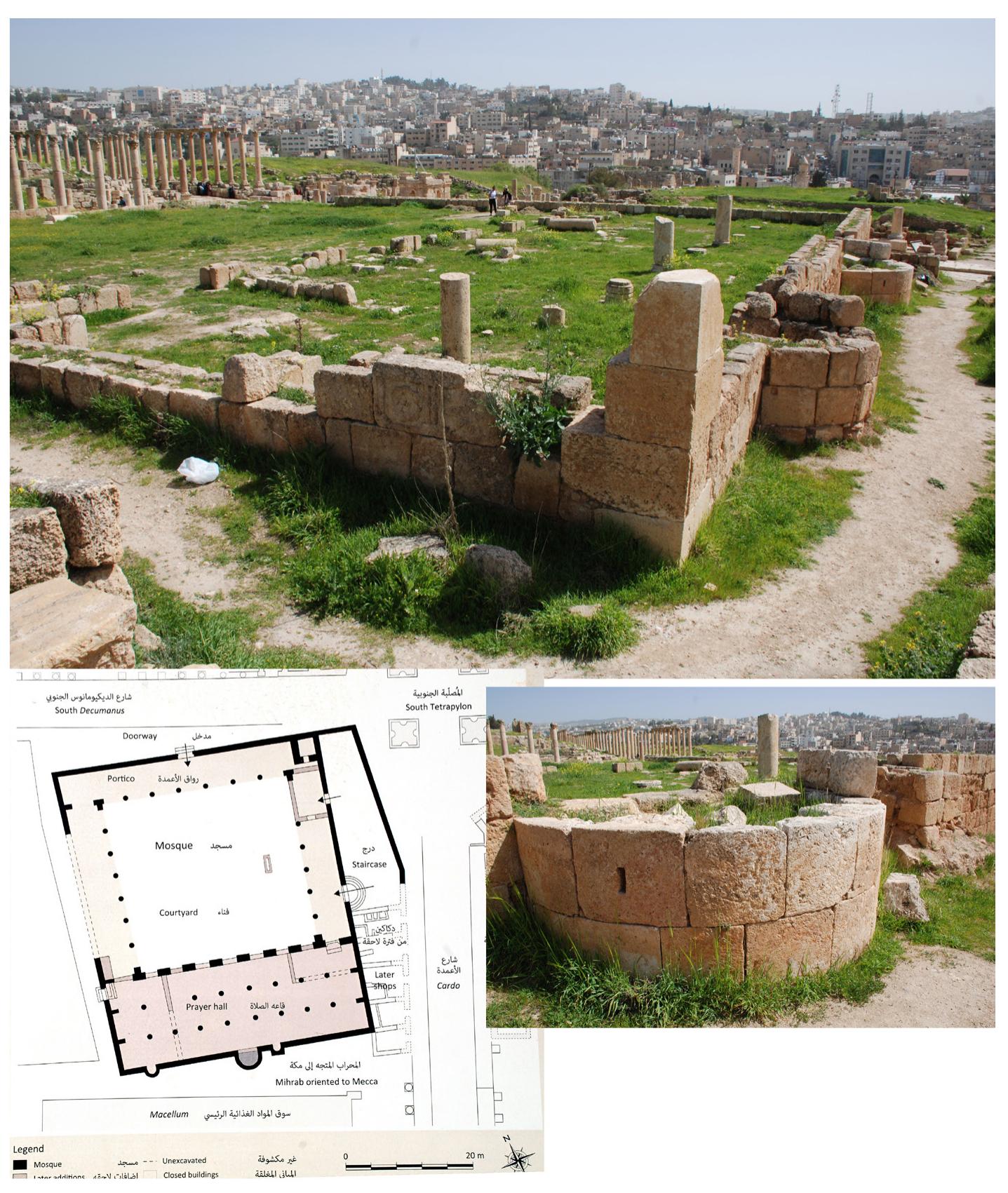 Fig. 1. Jerash Mosque, general view, plan and mihrab, 8th century. Photograph © Juan Carlos Ruiz Souza. 
