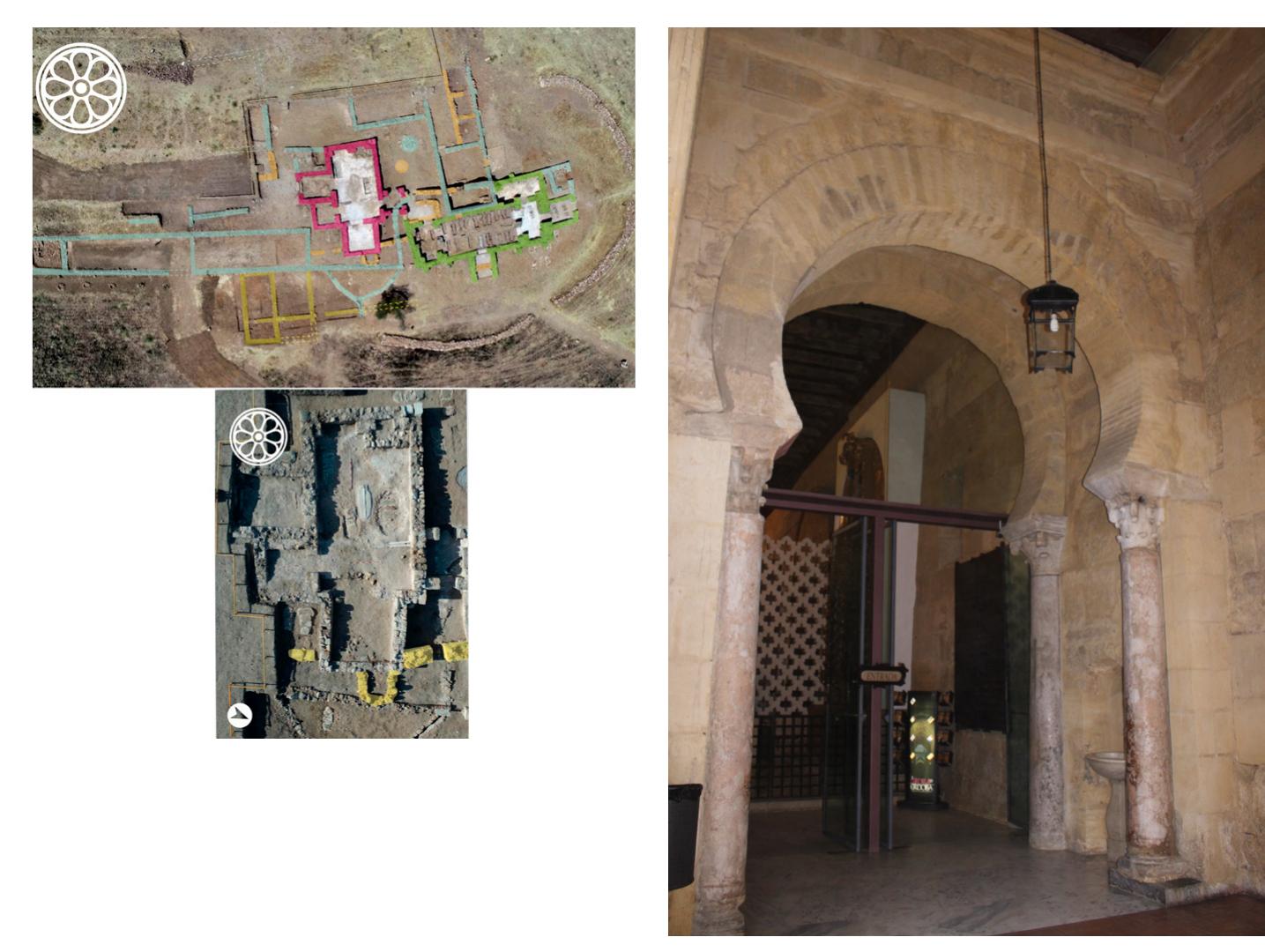 Fig. 3. Great Mosque of Cordoba, access to the Western nave of the prayer hall corresponding to the 8th mosque. Photograph © Susana Calvo.  Fig. 2. Los Hitos, general aerial photography and detail of the church, 6th to 10th centuries, Arisgotas, Toledo. Photograph © Jorge Morin.  in the 8th century, and reoccupied during the 10th and 11th centuries, accotding to Jorge Morin. The church, excavated in the 2017 campaign,” was a building with a single vaulted nave, richly decorated with marble slabs on the plinths, the doorways and on the floor. The discovery of a rectangular niche added to the east wall of the chancel suggests that the church was converted into a mosque, although its northeast orientation  and the fact that it is off-centre raises some doubts about its identification as a miprab (Fig, 2). 