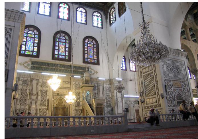 Fig. 4. Umayyad Mosque, current mihrab, Damascus. Photograph © Susana Calvo.  In his latest publication, King picks up the hypothesis, already put forward by other researchers, that the qibla of the Mosque of Cordoba, like others in North Africa, faces south because the building was aligned with the main streets of the Colonia Patricia of the Roman city, aligned, in turn, with the solstitial axes, ie. the same as the Ka‘ba.°’ Although the orientation of the axis of the Ka‘ba was very important, King suggests that the mosque was adapted to the Roman urban layout and that only later was it realised that it coincided with the alignment of the Ka‘ba, giving the qibla a “sacred cover” or religious justification.” All this was reinforced by the alleged presence of the #abi‘vn alongside the conquerors who laid out the first gzb/a, something very similar to what happened with the qibla of Qayrawan, attributed to “Uqba.” 