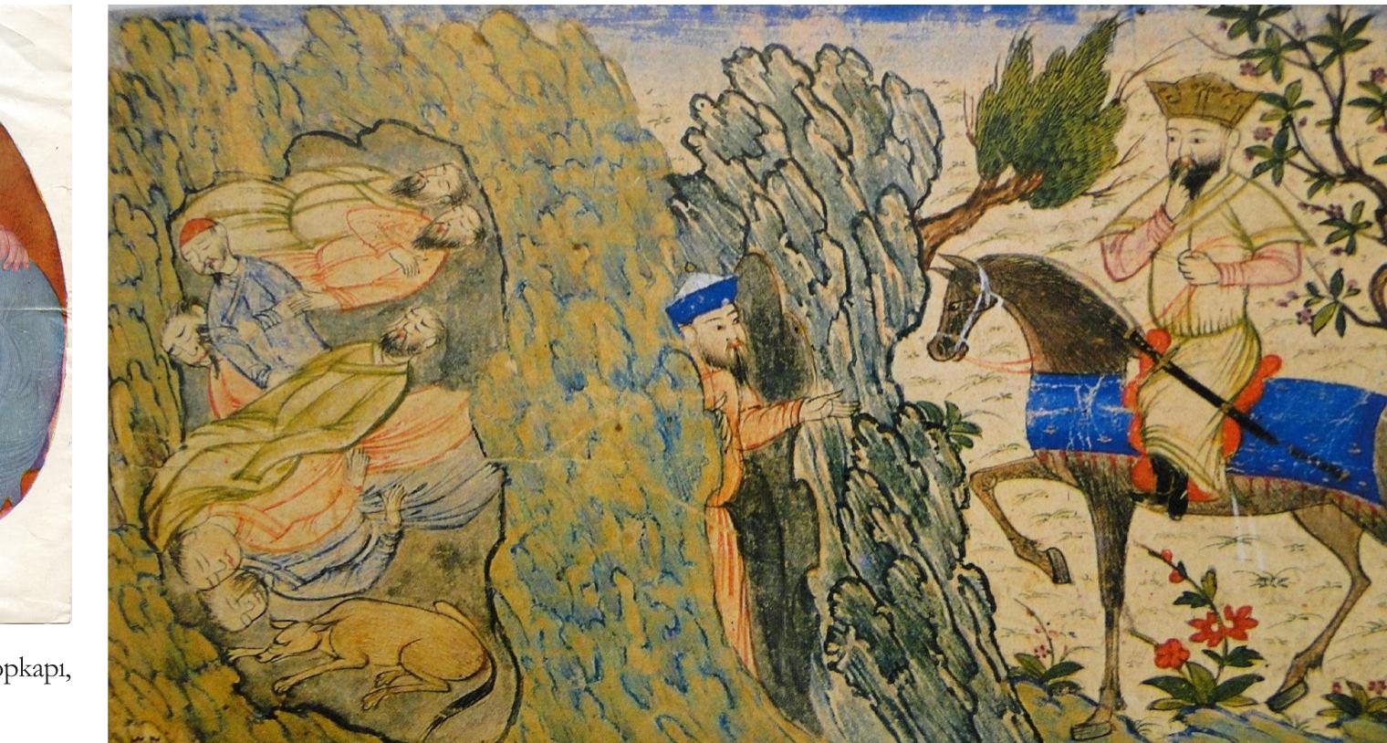 One of the more fascinating circular representations of the cave, with its occupants depicted with Turco-Mongol faces (15th century), is attributed to the Central Asian painter Siyah Qalam (or to a painter of this school deeply influenced by Chinese art and nomadic themes) (Fig, 1).“* Emel Esin, an art historian, considers that the Sleepers, in this drawing, are dressed in Qalan- dar/dervish garments.” In my opinion, there is no evidence to support het assertion, although the Seven Companions have sometimes been associated with the “Seven Qalandars” in Eastern Turkistan. This is the case for instance at the sanctuary of the Ashab al-Kahf at Tuyug in the Turfan oasis (Xinjiang, China).” Thete is an earlier image of the Sleepers in the Jami‘al-tavarikh of Rashid al-Din (13th century), which shows the Companions in a Central Asian  ’ environment. About this picture, David Talbot Rice writes that the Seven  Sleepers here “wear Mongol dress, with gold embroidered panels on theit chests.” The king Dakyanus (Decius), persecutor of the Companions, is pres- ent in this picture, mounted on a Mongol pony, and also the dog, which “lies sleeping in a more natural position.” The landscape is inspired by Chinese painting style.*’ There exists a very similar painting, from another manuscript of the Jami‘ al-tavarikh, that is more marked by the Chinese influence (Fig, 2).* In summary, the theme of the Companions of the Cave has obviously fasci- nated the Muslim painters as a consequence of the popularity of the legend. But the legend has also left its mark upon the writers who produced a great number of hagiographies with several variants and in several languages.  Fig, 2. Jami‘ al-tawarikh. Rashid al-Din, Ms 2654, Topkapi Saray Library, Istanbul. L. Massignon Archives, Paris. 